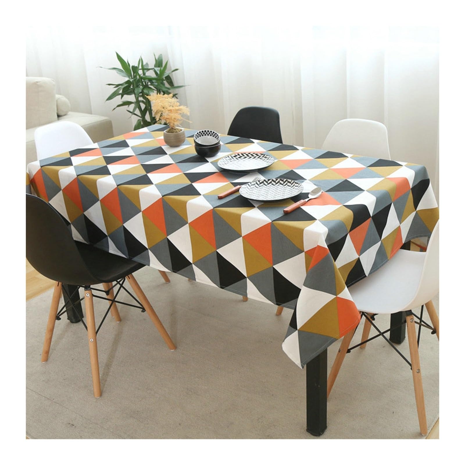 Nappe orange motifs géométriques en coton et lin 135x200cm pour table