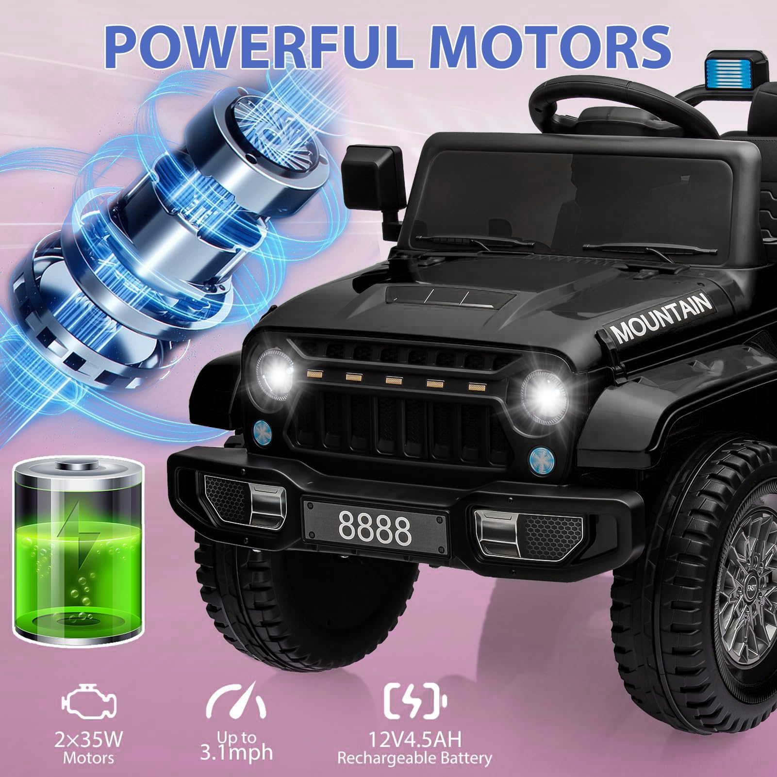 12V Kinder Elektroauto mit Fernbedienung – 2x35W Motoren, bis 5 km/h, LED-Lichter, Musik, Hupe, Federung, Sicherheitsgurt – Elektrisches Kinderfahrzeug Geschenk – Schwarz