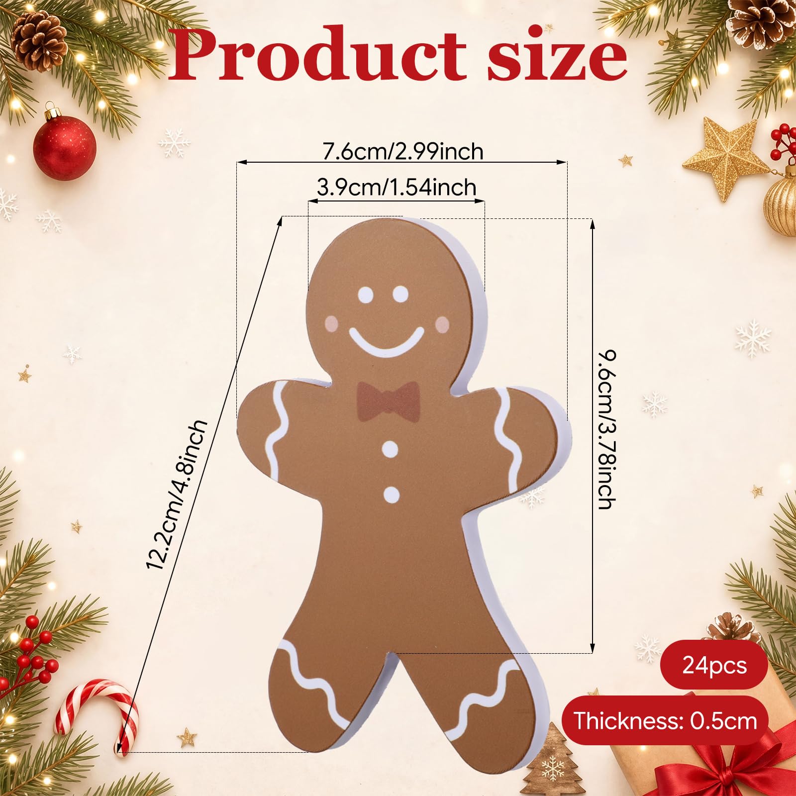 Hollowfly Lot de 24 décorations de Noël autocollantes en forme de bonhomme en pain d'épices de 12,7 cm pour loisirs créatifs, cadeau de fête de Noël, décoration murale d'intérieur ou d'extérieur