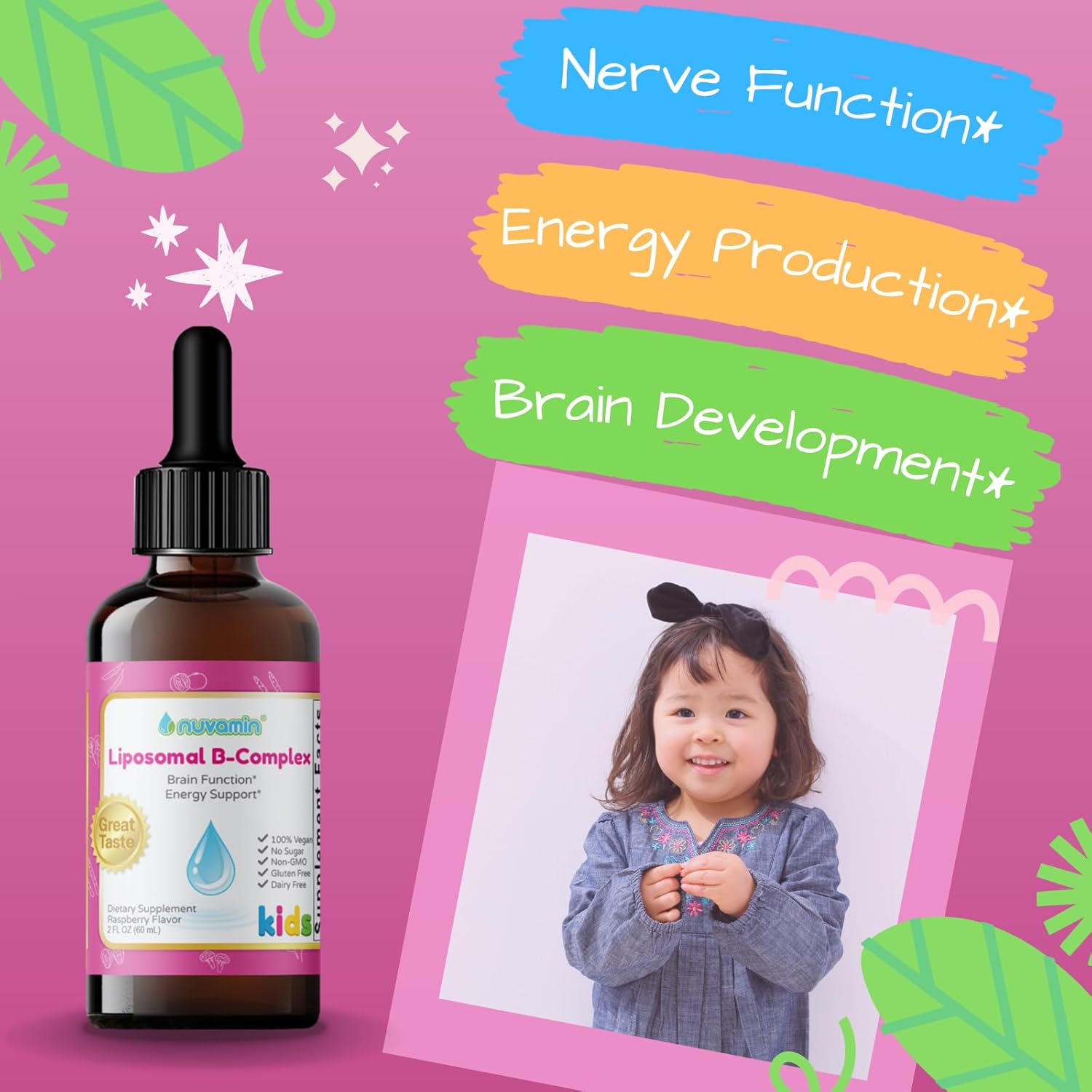Nuvamin – Liquid Liposomal B-Complex Drops for Kids Baby Toddlers & Adults, 2Fl.Oz (60ml), 120 Daily Serving. B1, B2, B3, B5, B6, B7, B9, B12. Great Taste - Natural - High Absorption, Raspberry Flavor - Image 3