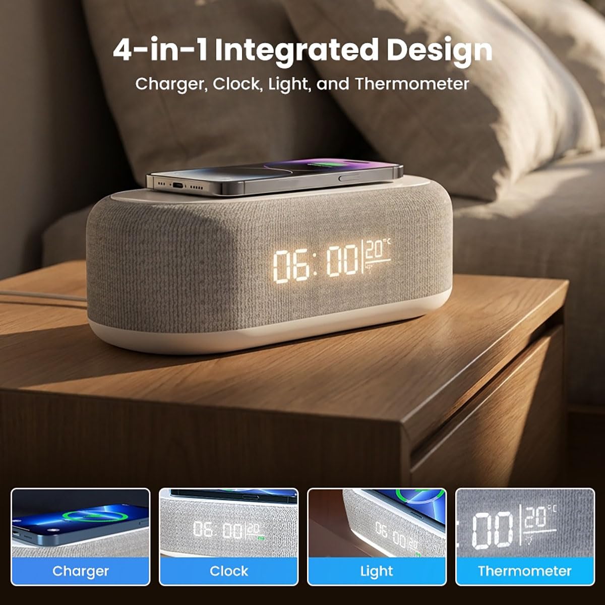 6 In 1 Kabellose Ladestation 25w, Digitaler Wecker Mit Ladestation, Wireless Charger Wecker Radio Mit Licht Und Temperaturanzeige, Uhr, Wecker, Bluetooth-Lautsprecher & Nachtlicht All-In-One (Weiß)