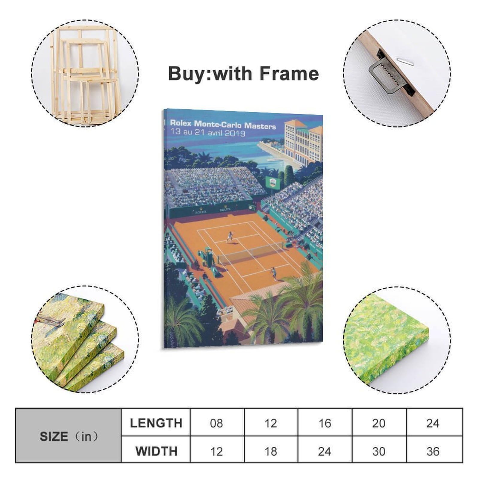 ZZBXSJ Modernes Familien-Fotoalbum, Poster, Wanddekoration, Kunstwerk, Retro-Sport-Poster, Rolex Monte – Carlo Masters Tennis Event 2019, Leinwand-Kunstdrucke, Bilder, 60 x 90 cm, Rahmenstil