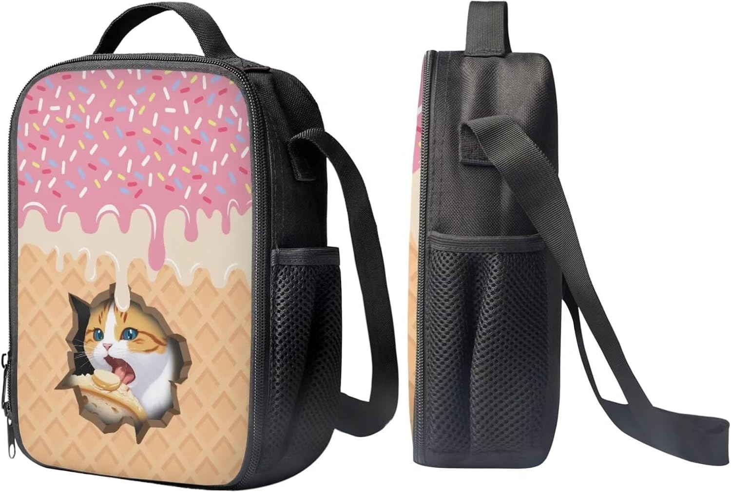 Cute School Backpack with Lunch Box for Girls Large Capacity Lightweight Custom Funny Cat Print Backpack Set Aesthetic Kids Comfy Padded Adjustable Book Bag Lunch Bag Pencil Case 3 in 1