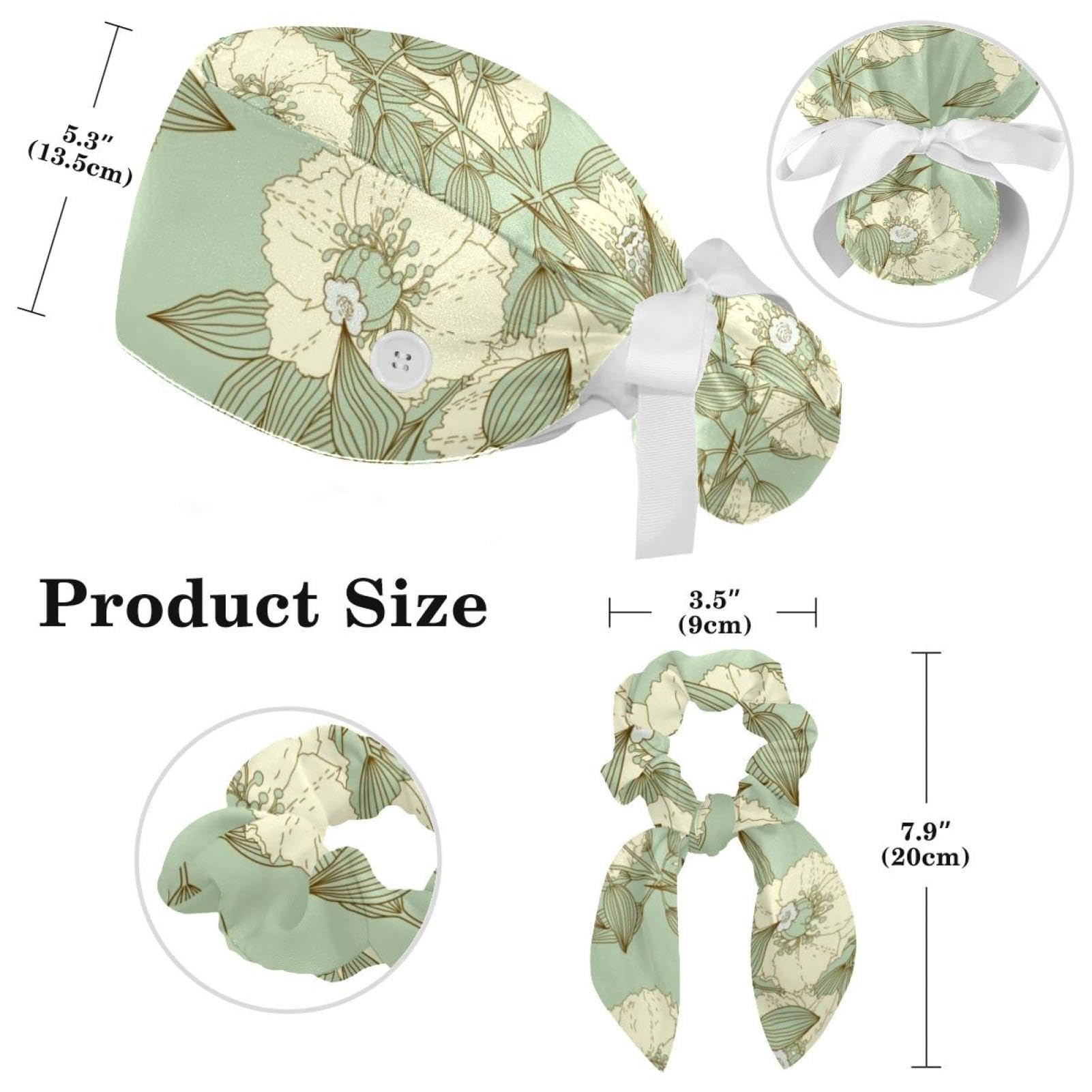 Working Cap with Button Sweatband, Vintage Floral Plant Pattern Surgical Surgery Hats Ponytail Holder