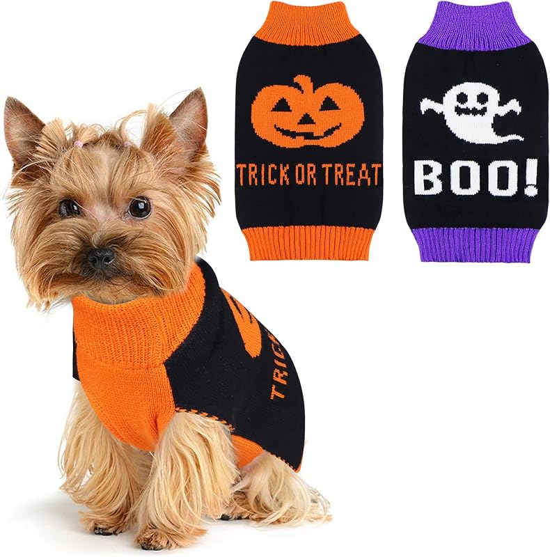 Suéter de Halloween para Cães GOYOSWA com Abóbora e Fantasma, Pacote com 2 – Tamanho Small