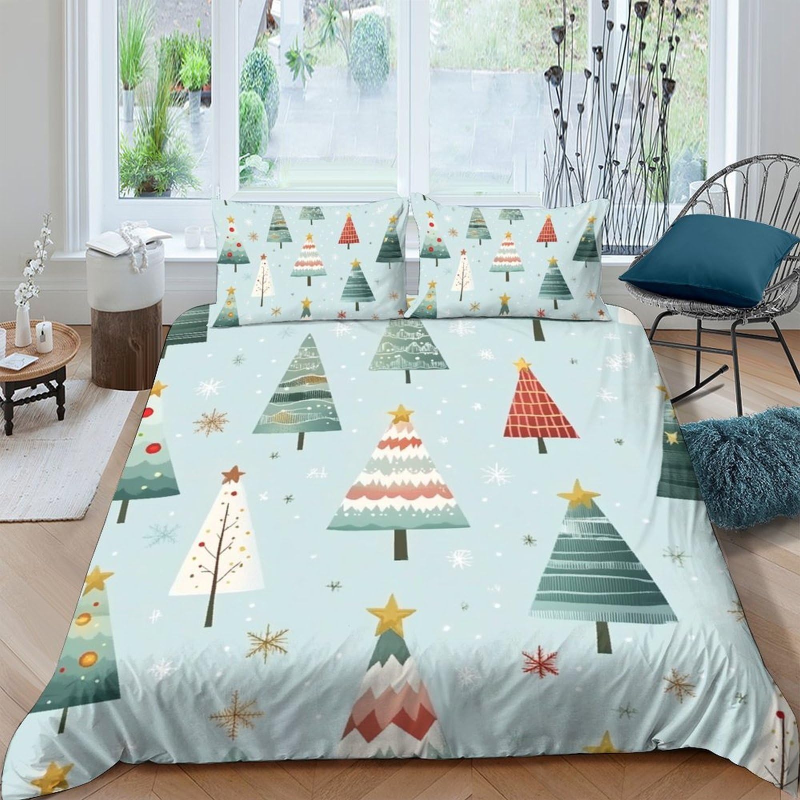 GPLZQXKJNH 3D Printed Christmas Tree Duvet Cover Microfiber Soft Winter Forest Quilt Cover with 2 Pillowcases for Bedroom Decor Single（135x200cm）