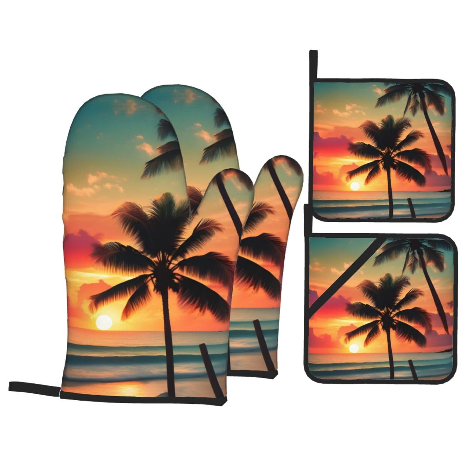 Nimongt Black Tropical Beach Palm Tree Print Heat-Resistant 4-Piece Oven Kitchen Gloves For Baking Cooking Microwaving Essentials