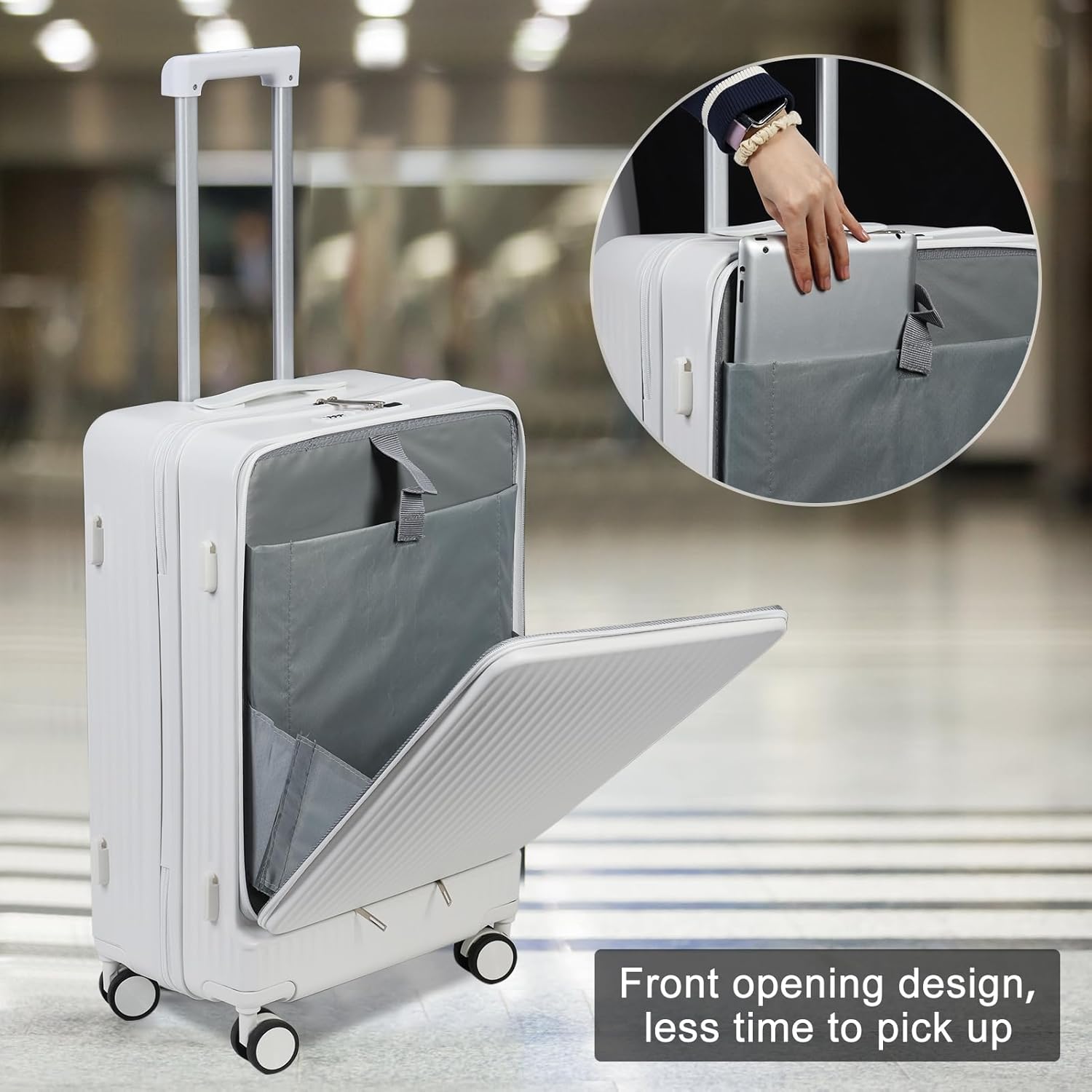 24in Aluminium Frame Hardside Expandable Spinner Wheel Luggage, Front Open Carry on Luggage, Built-in lock Carry on Suitcase, with Cup Holder & USB Type-C Charging Port & Phone Stand White