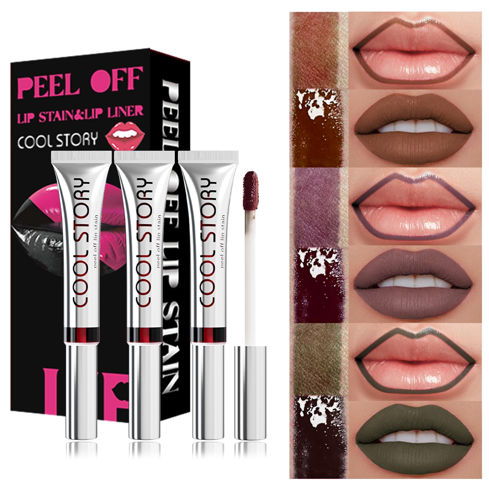 3PCS Peel Off Lip Stain Lip Tint Set, Matte Lipstick & Lip Liner, Waterproof Long Lasting Peel Off Lip Gloss