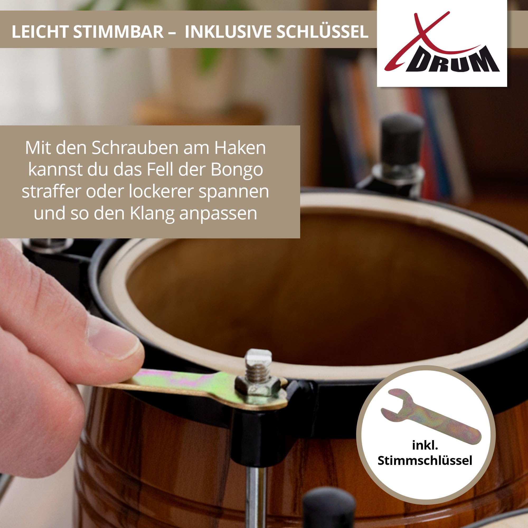 XDrum Bongos Pro Vintage Sunburst - 2 Trommeln mit 6,5" (17 cm) und 7,5" (20 cm) Durchmesser - Bongotrommeln mit stimmbaren Naturfellen, Stimmschlüssel und Ständer - Holztrommeln Rotbraun