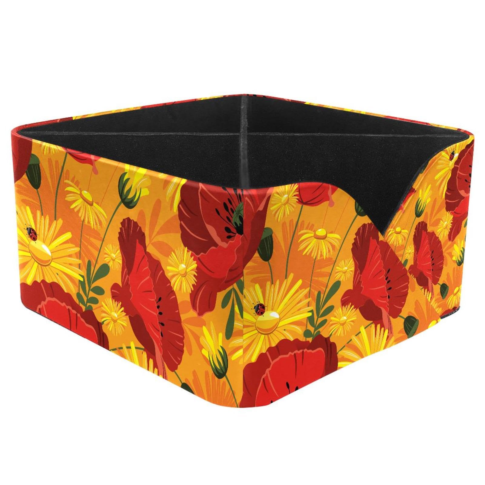 KengjuTesu Poppy Flowers Ladybird Desktop Organizer Pen Holder, Rectangular Pencil Cup for Office, Study and Makeup Stations