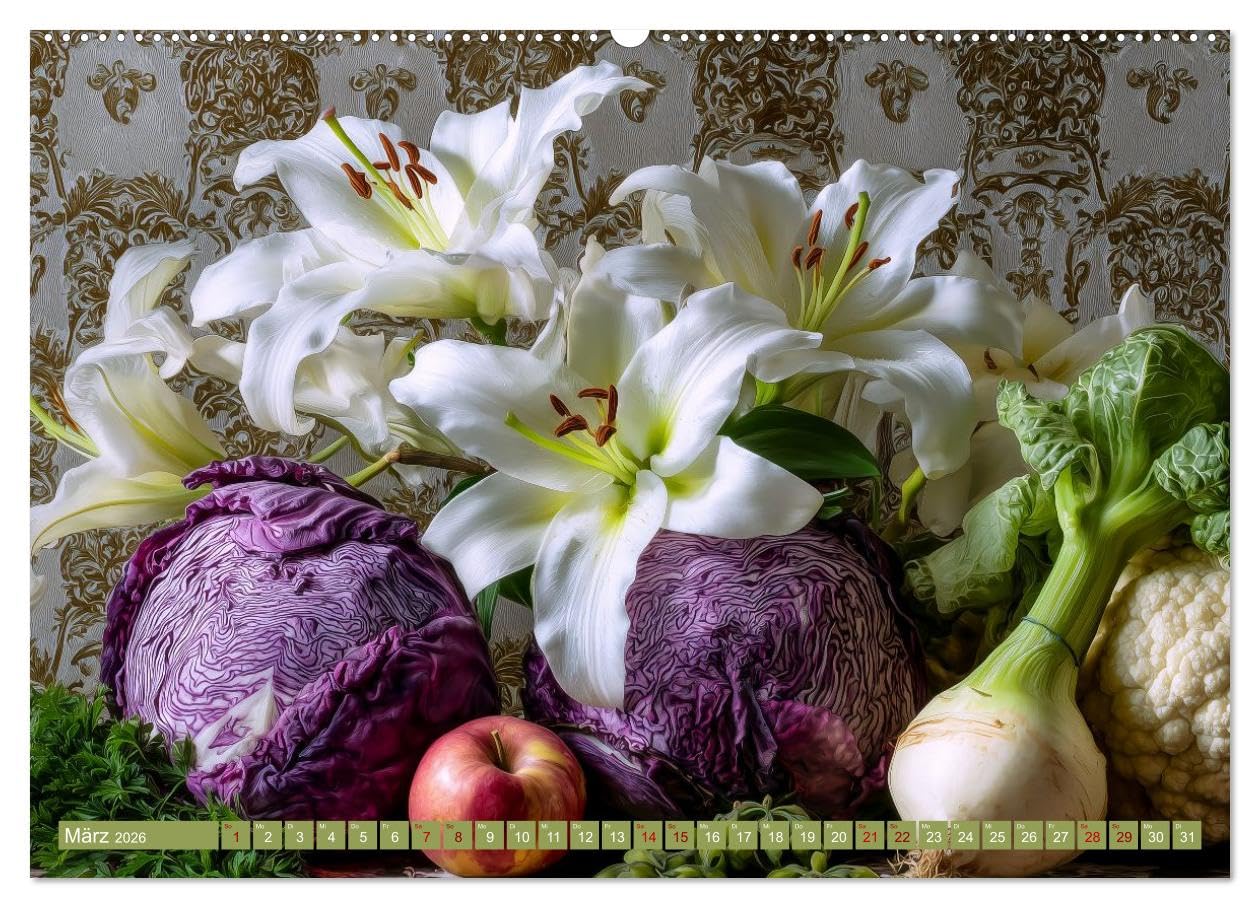 Bloom und Bite. KI mixt Blumen, Obst und Gemüse (hochwertiger Premium Wandkalender 2026 DIN A2 quer), Kunstdruck in Hochglanz: Künstliche Intelligenz ... und digitaler Kreativität. (CALVENDO Kunst)