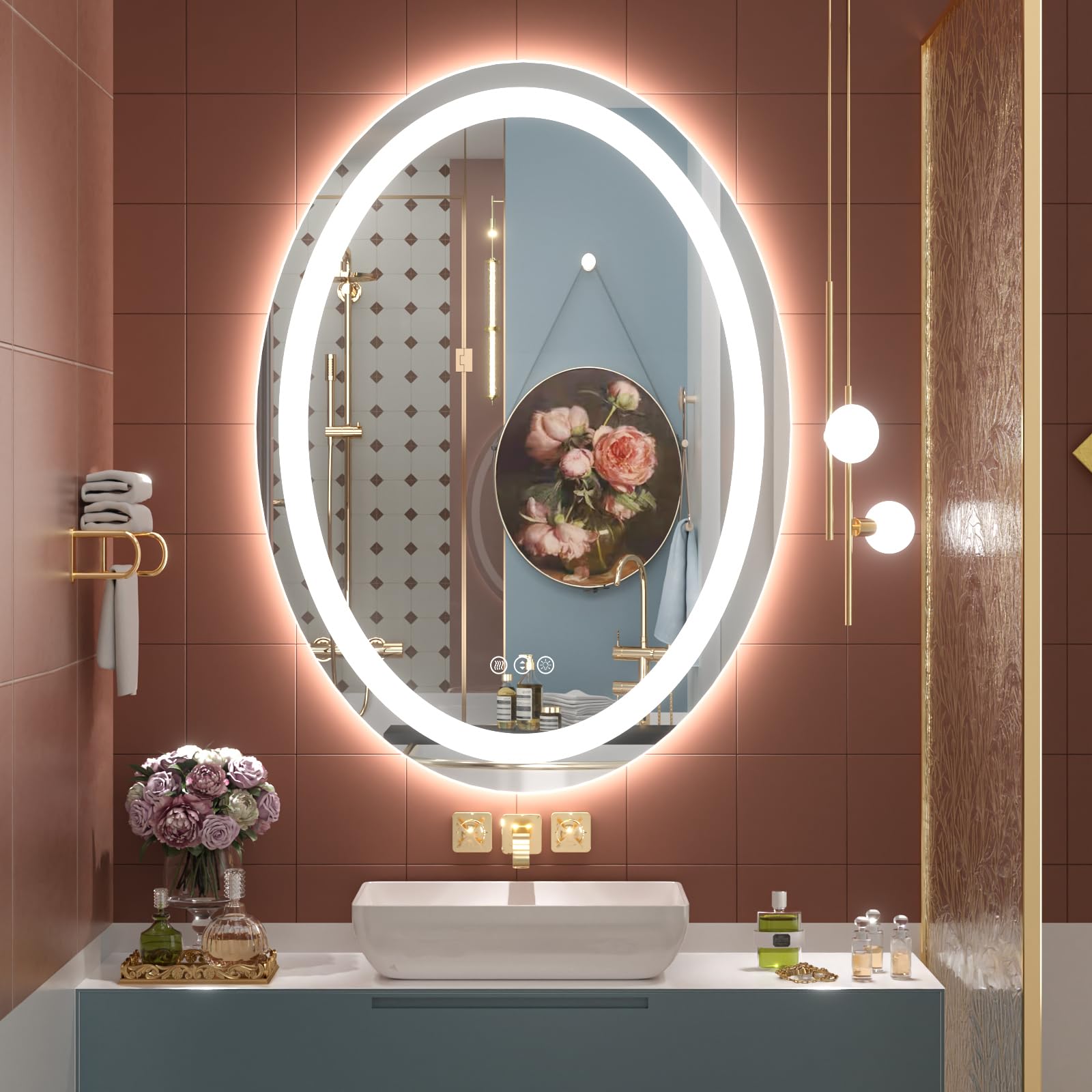 OKPAL Oval LED Bathroom Mirror 24x32, Lighted Vanity Mirror for Wall, Oval Bahtroom Mirror with Lights, Anti-Fog, Shatter-Proof, Dimmable, Memory, 3 Colors (Front Lights + Backlit)