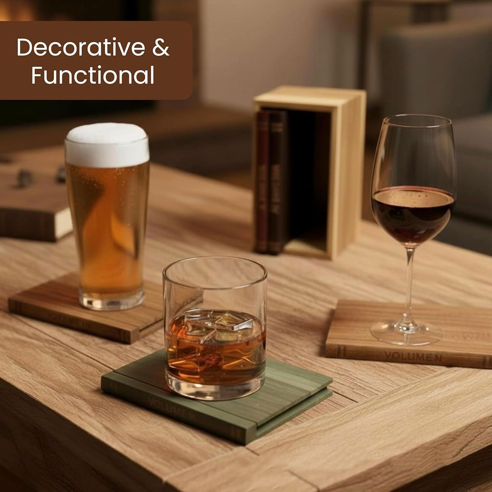 Posavasos De Madera De Acacia con Soporte - Juego De 5 Posavasos Decorativos Estilo Libro para Café, Té Y Cócteles - Decoración del Hogar Regalos De Inauguración De Casa Cumpleaños