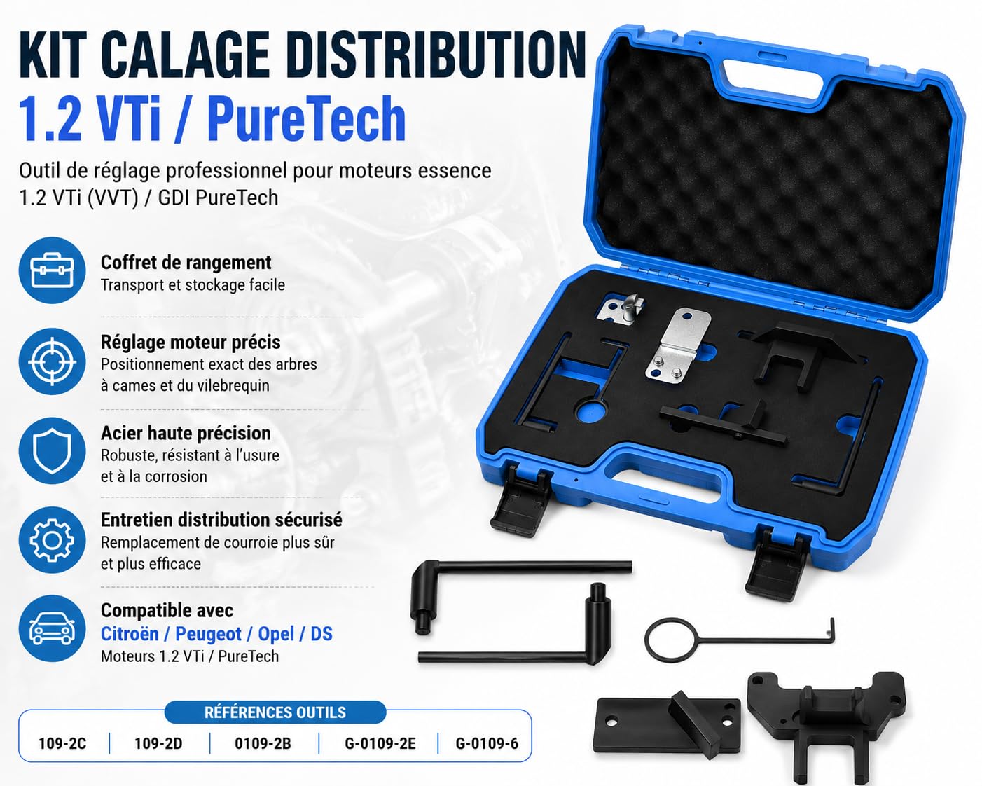 Kit Calage Distribution 1.2 VTi GDI PureTech Essence, Outil Réglage Distribution Compatible avec Citroën Peugeot Opel DS, Moteur 3 Cylindres, 109-2C 109-2D 0109-2B G-0109-2E G-0109-6