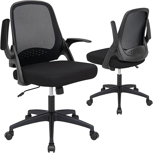 Giantex Silla de oficina, silla de escritorio ergonómica con reposabrazos abatibles, silla de computadora de malla con respaldo medio con soporte