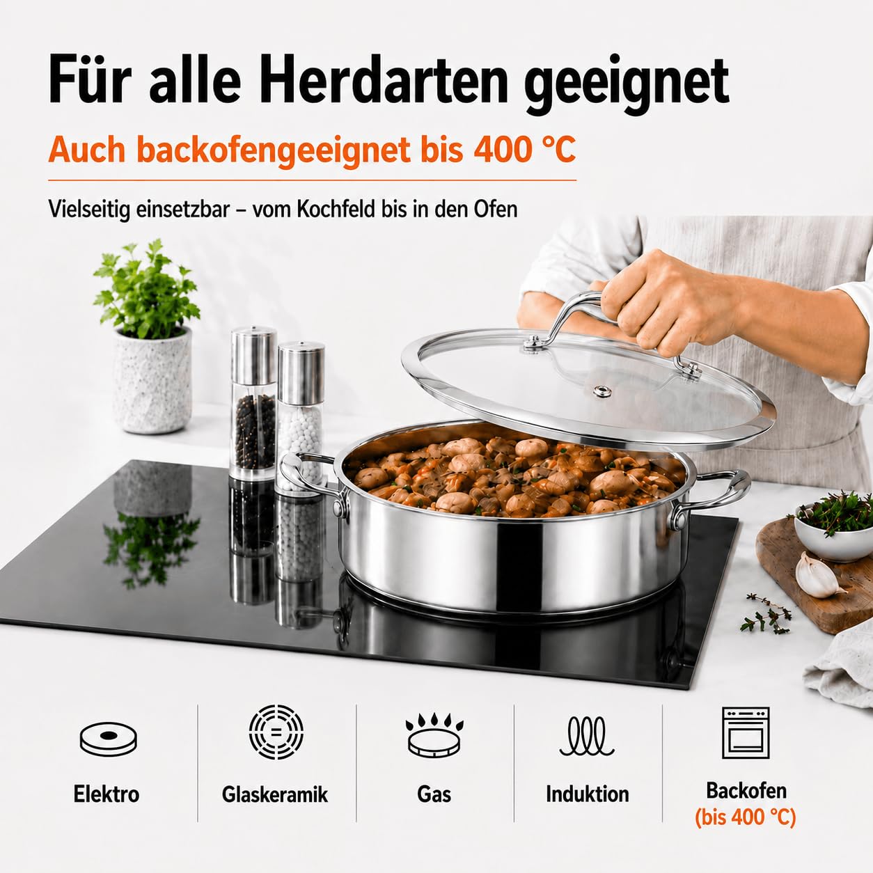 DELARLO Schmorpfanne 28cm Hoher Rand 5,6 L, Edelstahl Servierpfanne | 7mm 3‑lagiger Boden, Unbeschichtet, PFOA Frei, PFAS Frei, PTFE Frei, Geeignet für alle Herdarten, Ergonomischer Griff