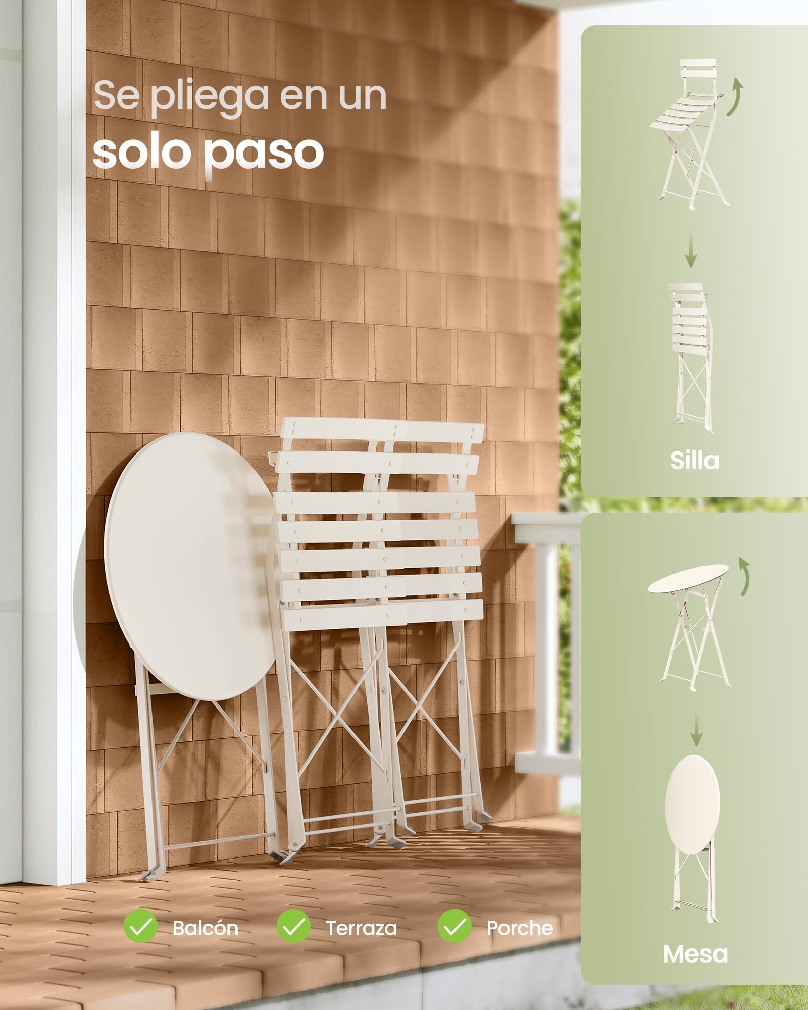 SONGMICS Juego de Jardín de Exterior, 3 Piezas, 2 Sillas y 1 Mesa, Plegable, Salón de Exterior, Acero, Resistente a la Intemperie, para Balcón, Terraza, Beige Capuchino GGF036LZ01 - 5