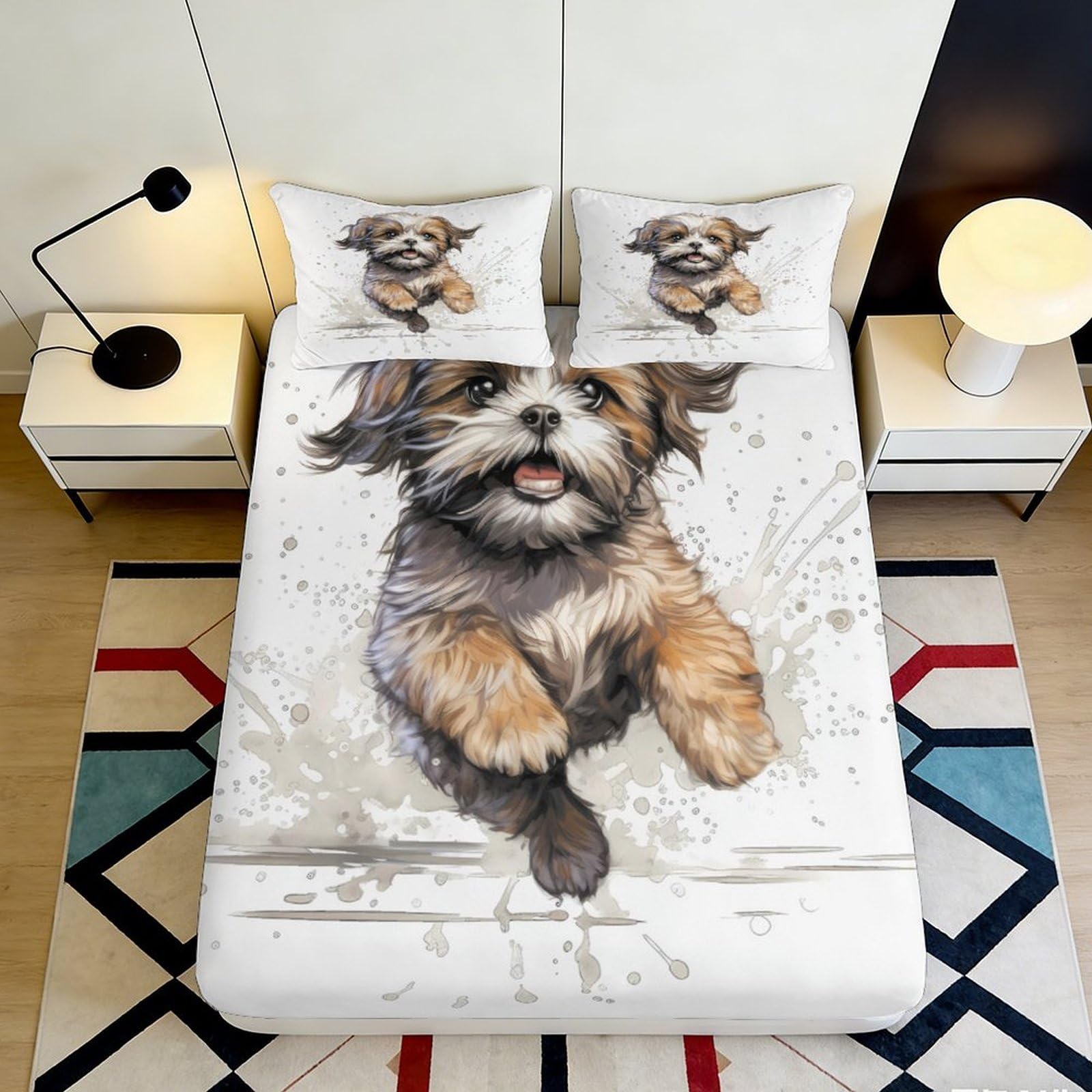 3D Printed Playful Puppy Fitted Sheet Microfiber Soft Anti-Slip Dog Bed Sheet for Bedroom Guest Room Decor Mattress Protection 120x200x25cm