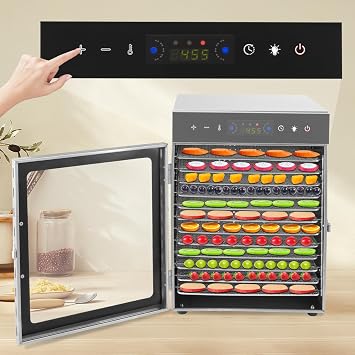 12 Shelf Food Dehydrator, 12 Tray Large Commercial Food Dehydrator LCD Touch Control Panel Stainless Steel Dehydrator for Fruits Meats Vegetables 95-194F Temperature Range