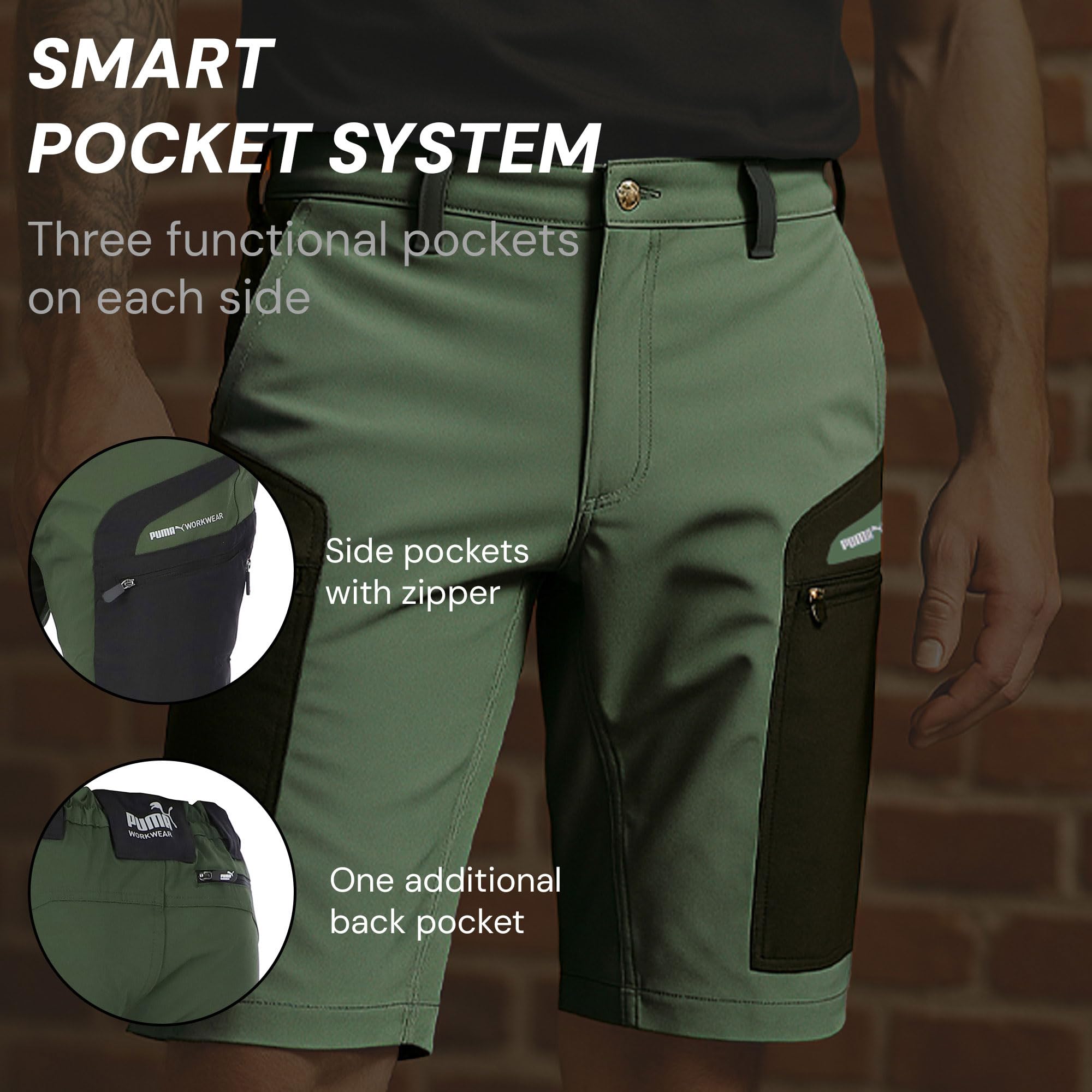 PUMA Workwear Pro-One Adventure - Pantalones cortos de senderismo para hombre, nailon reforzado y duradero, con elástico en 4 direcciones, con anillo en D, pantalones de exterior