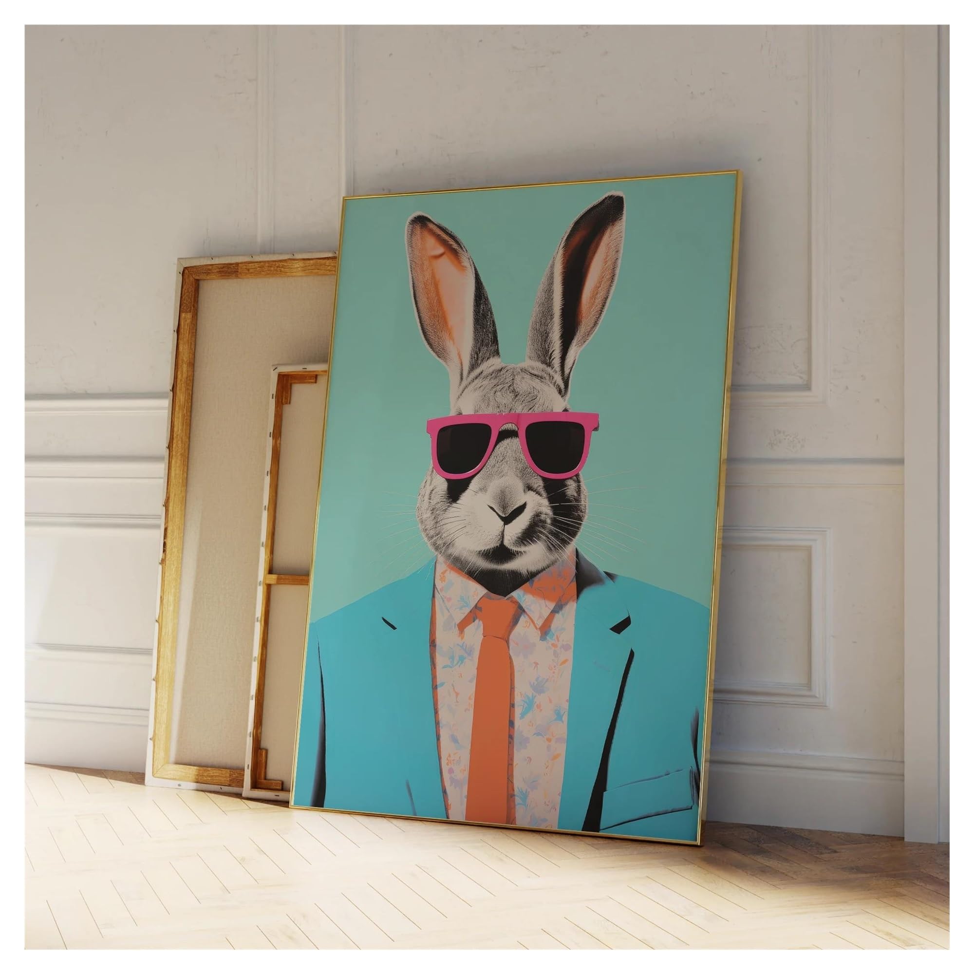 Cuadro sobre lienzo de conejo abstracto moderno con gafas, póster decorativo de 40x60cm