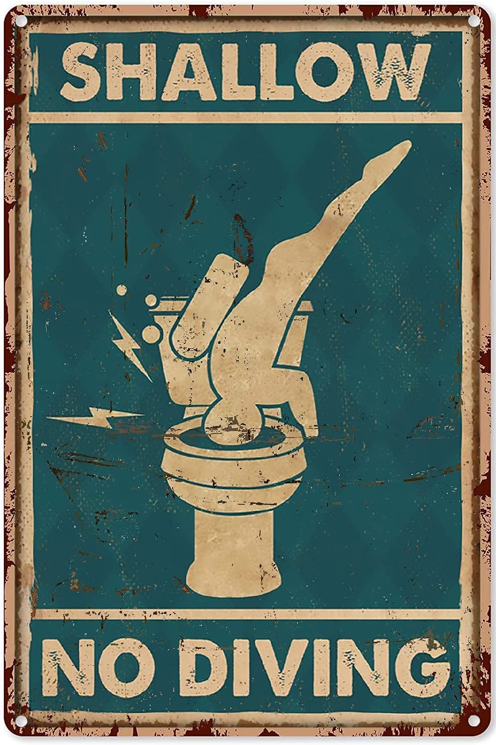 Acdoet Tin-07 Surfing Decorations For Bedroom Shallow No Diving Funny Toilet Poster Scuba Diving Lovers Diver Poster Surf Decor For Bedroom Metal Sign 8X12 Inch