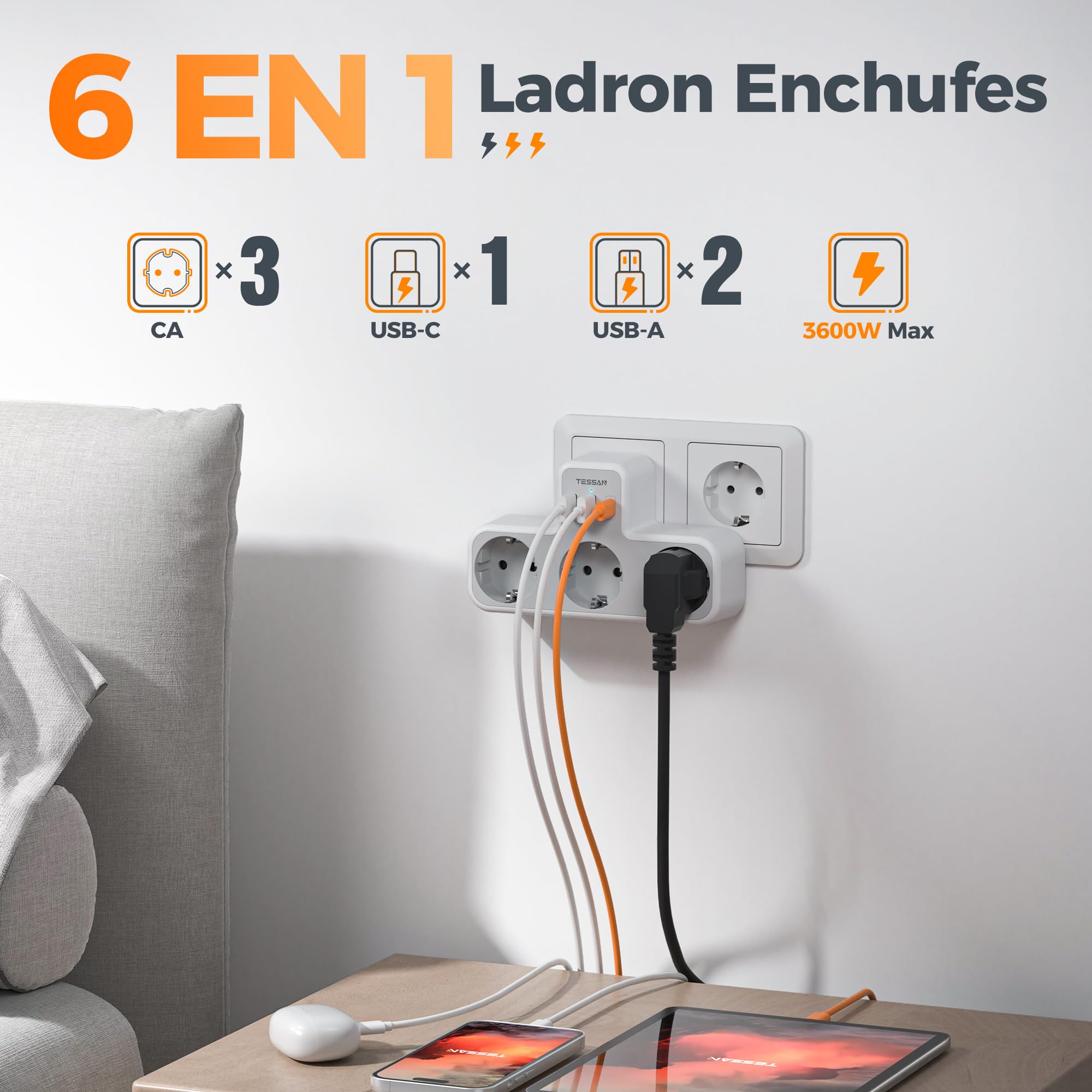 TESSAN Ladron Enchufes Plano con USB C, 6 en 1 Ladrón Enchufes Multiples USB, Triple Cargador Multiple 3600W, Regleta Pared para Oficina, Cocina, Compatible con Móviles, Blanco y Gris
