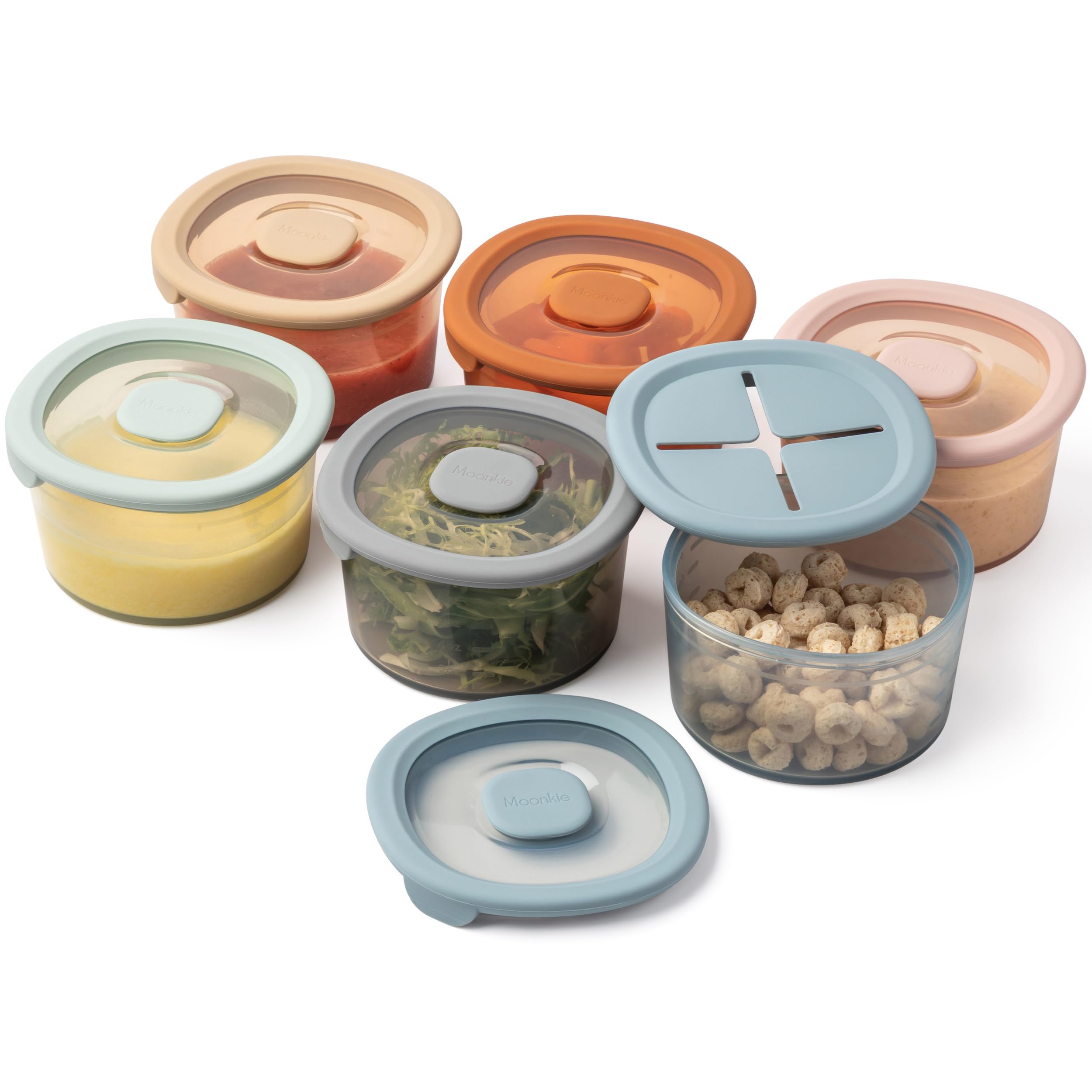 Moonkie 6-Pack Babybrei Einfrieren Behälter Silikon | Beikost Baby Zubehör mit einem Snack-Deckel | Snackbox Baby | Lecksicher Babynahrung Aufbewahrung | Mikrowellen- und spülmaschinenfest | 240 ml