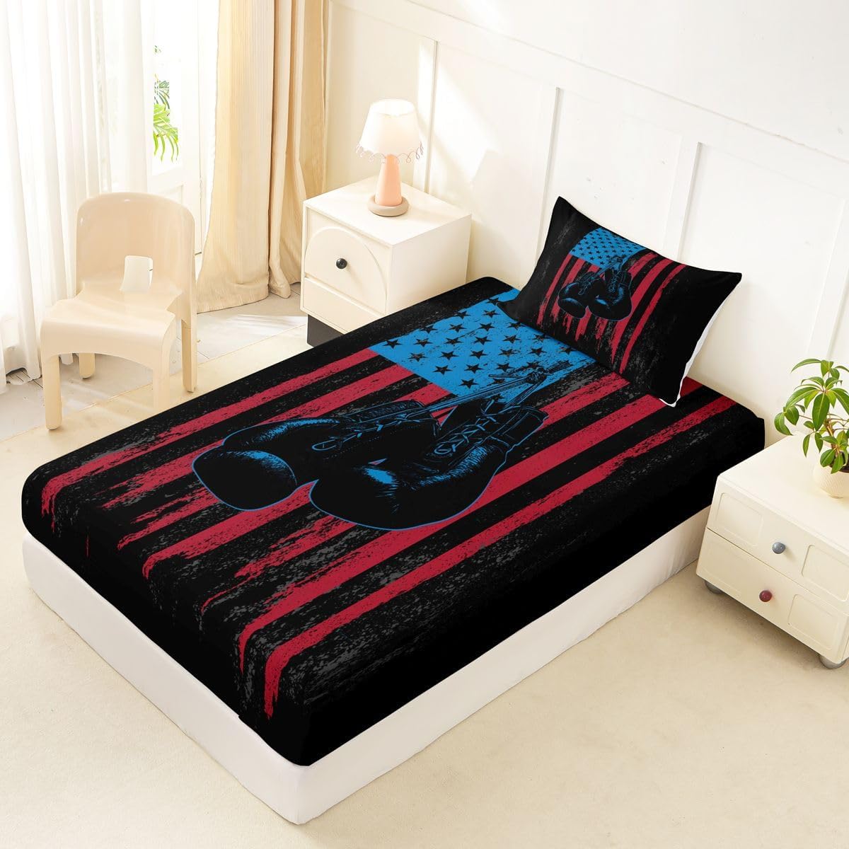 jejeloiu Boxing Bed Sheets Set Twin Size Sports Games Theme Bed Set for Kids Boys Girls Boxing Gloves Deep Pocket Fitted Sheet Pugilism Games Breathable Soft Lightweight Microfiber