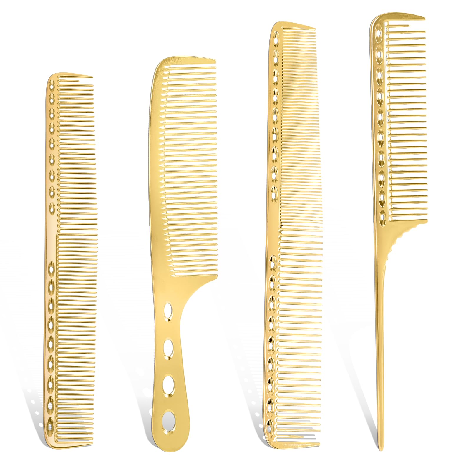 4 Pcs Comb Space Aluminum Hair Styling Comb Professional Set Stainless Steel Anti-static Flat Iron Fine Tooth Combs Metal Parting Combs for Women Men Supplies Beauty Tool(Golden)
