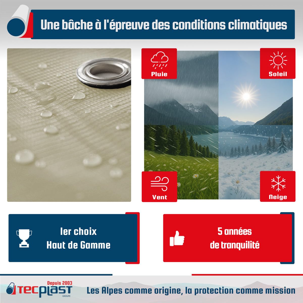 TECPLAST Bâche de Chantier 3x5 m LP506CH Blanc Crème - Garantie 5 Ans - Bâche de Protection étanche en PVC pour Travaux