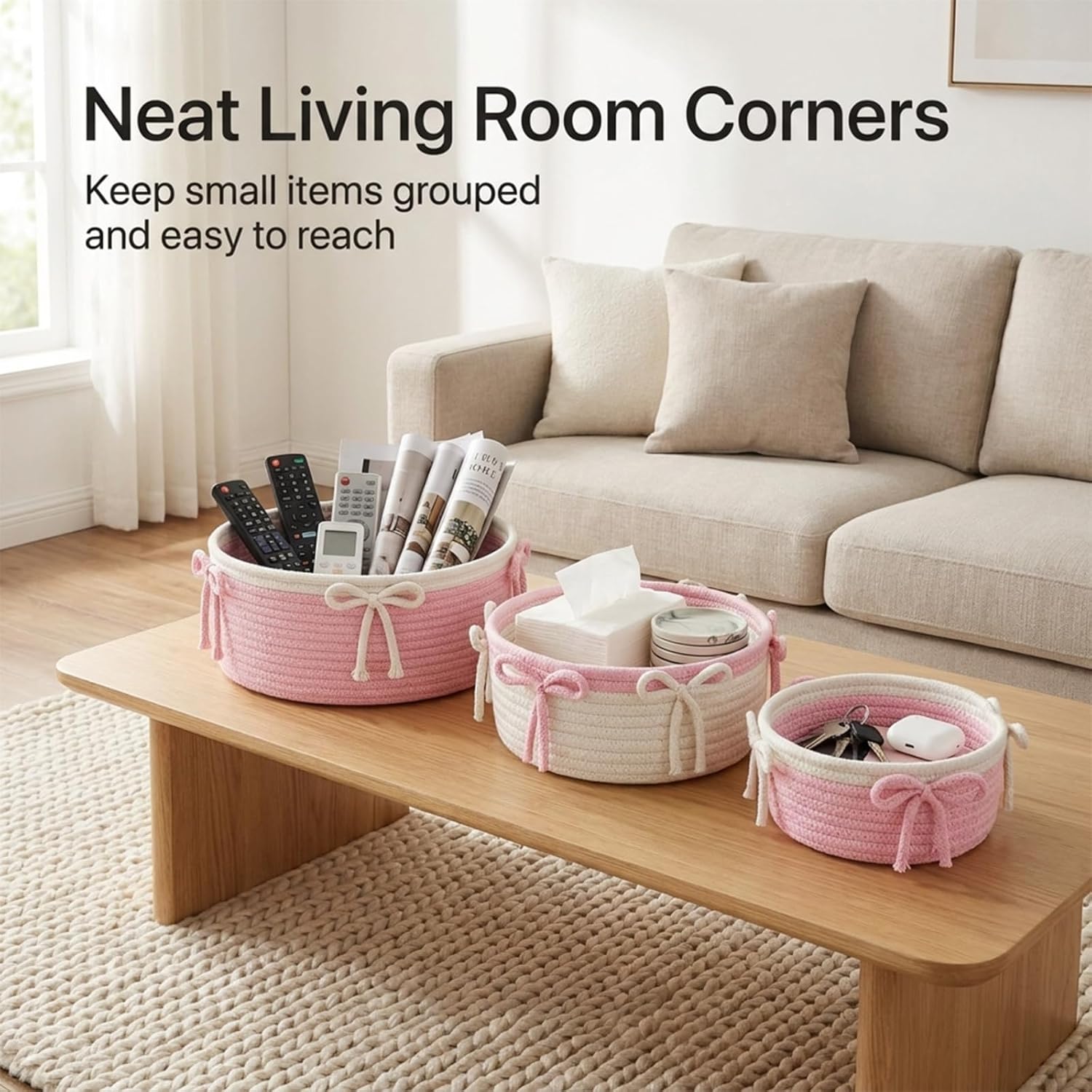 Nihaoya 3Pc White Pink Bow Baskets for Gift Empty,Coquette Rope Storage Bin