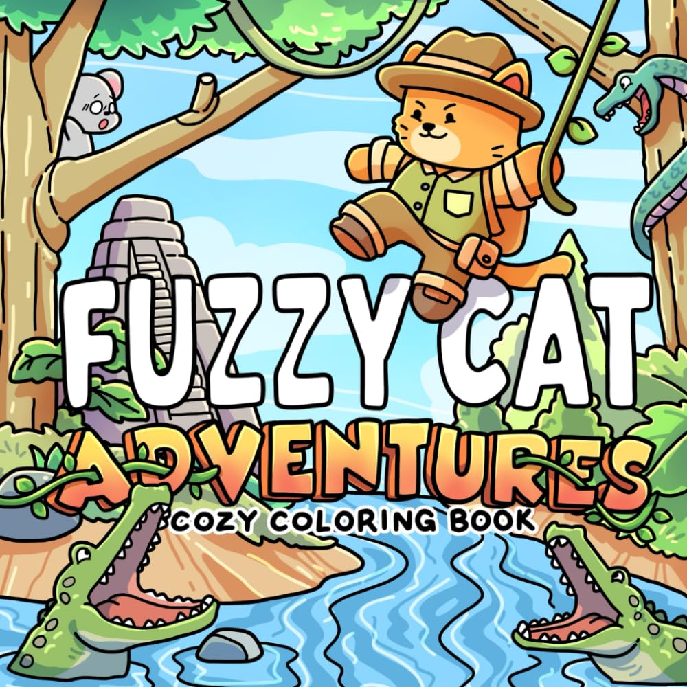 Fuzzy Cat Adventures: A Cozy Coloring Book for Adults and Teens Featuring a Brave Feline Explorer and His Cute Mouse Sidekick