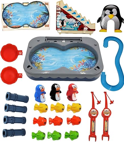 Miniatura 2 de Juego de juguetes de pingüinos de pesca con estanque magnético electrónico 3 pingüinos magnéticos 9 peces 2 cañas de pesca con música azul
