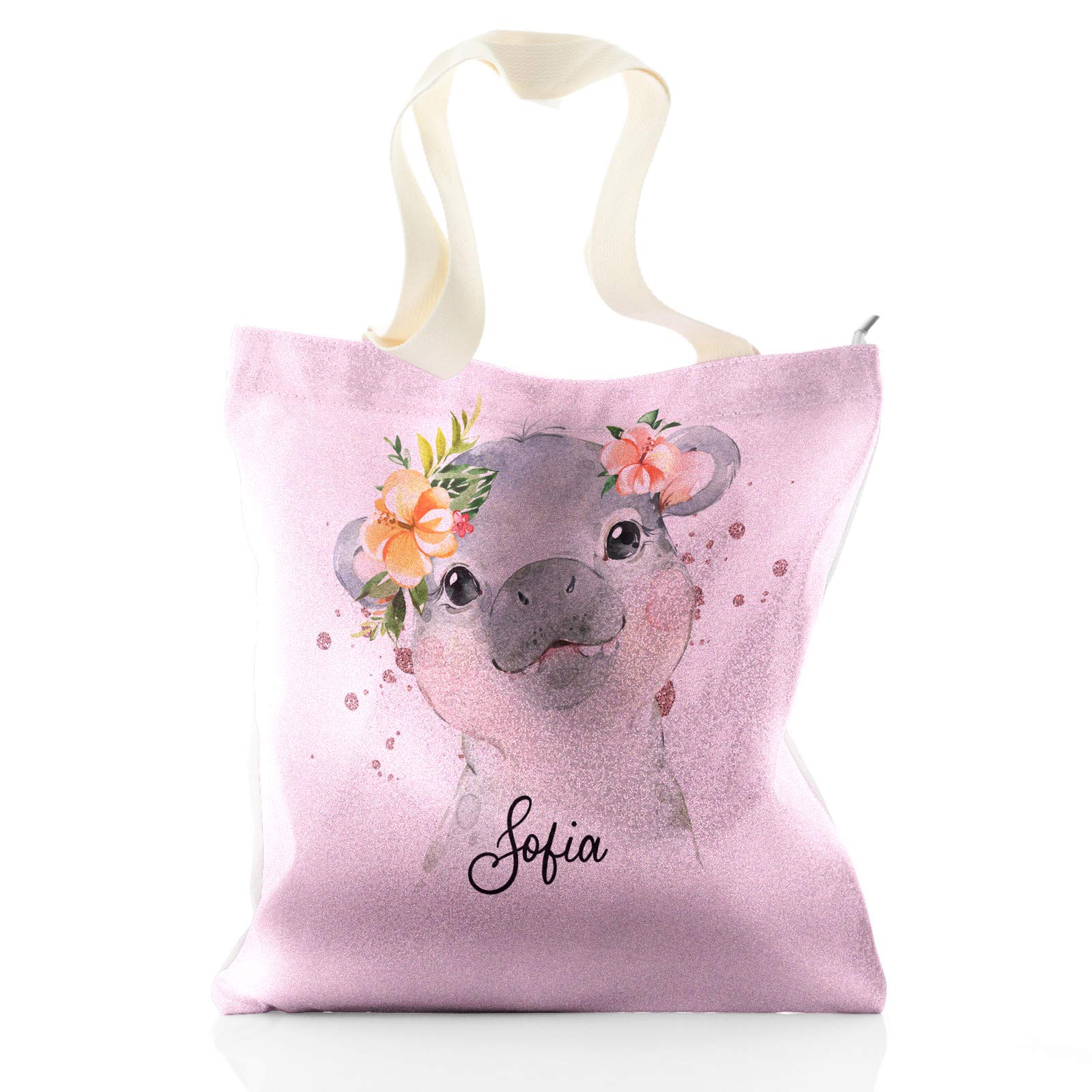 Hairyworm Personalised Tote Bag, Pink Glitter Bag Customised with Initial/Name/Text, Hippo Rain Print Design, Gift bag, Shopping Bag, Size: (37cm x 34cm)