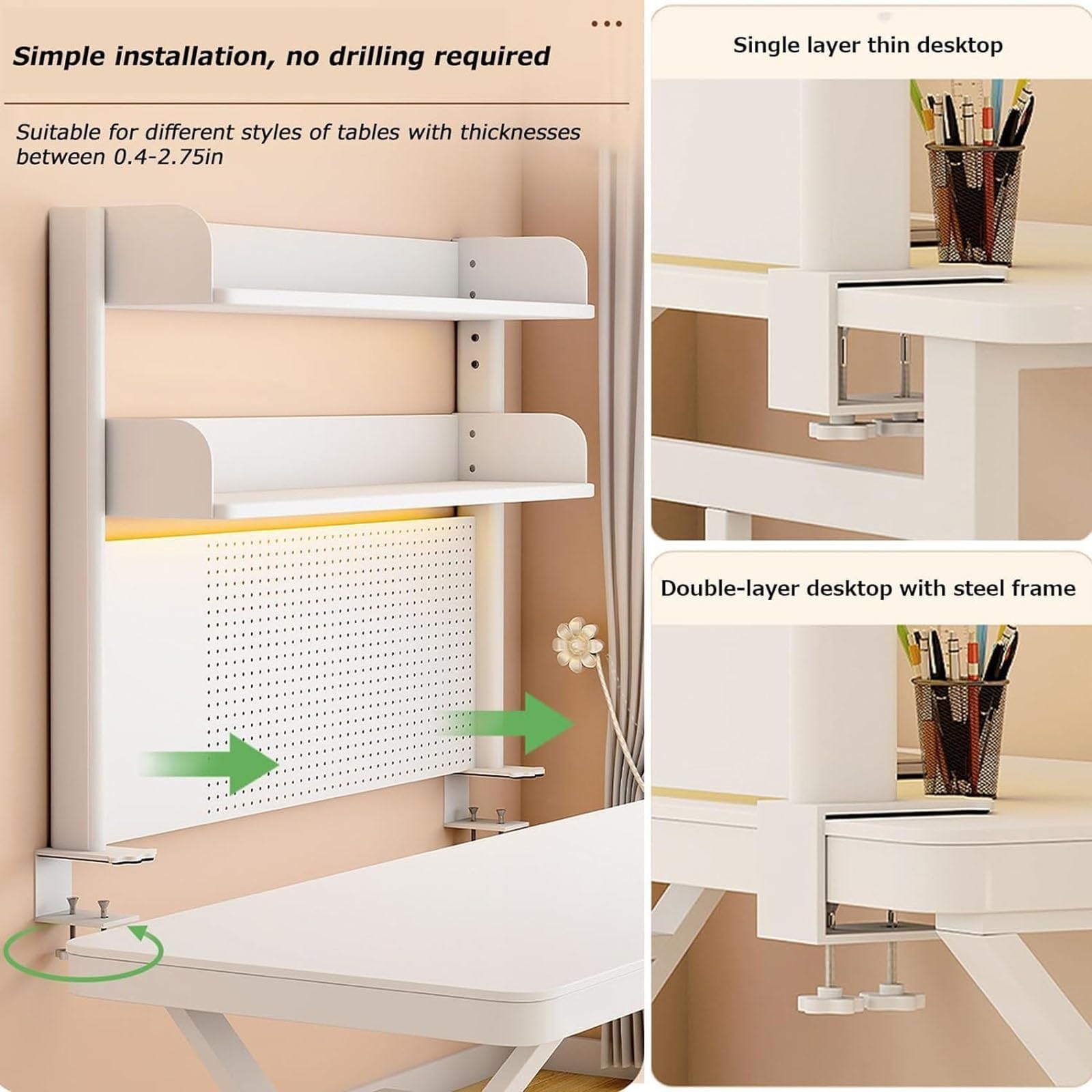 Scaffalatura a 2 Livelli, ripiano Organizer da scrivania con Morsetto, postazione di Lavoro con Pannello Forato Estensibile, Accessori per Computer per Ufficio, Pannello divisorio
