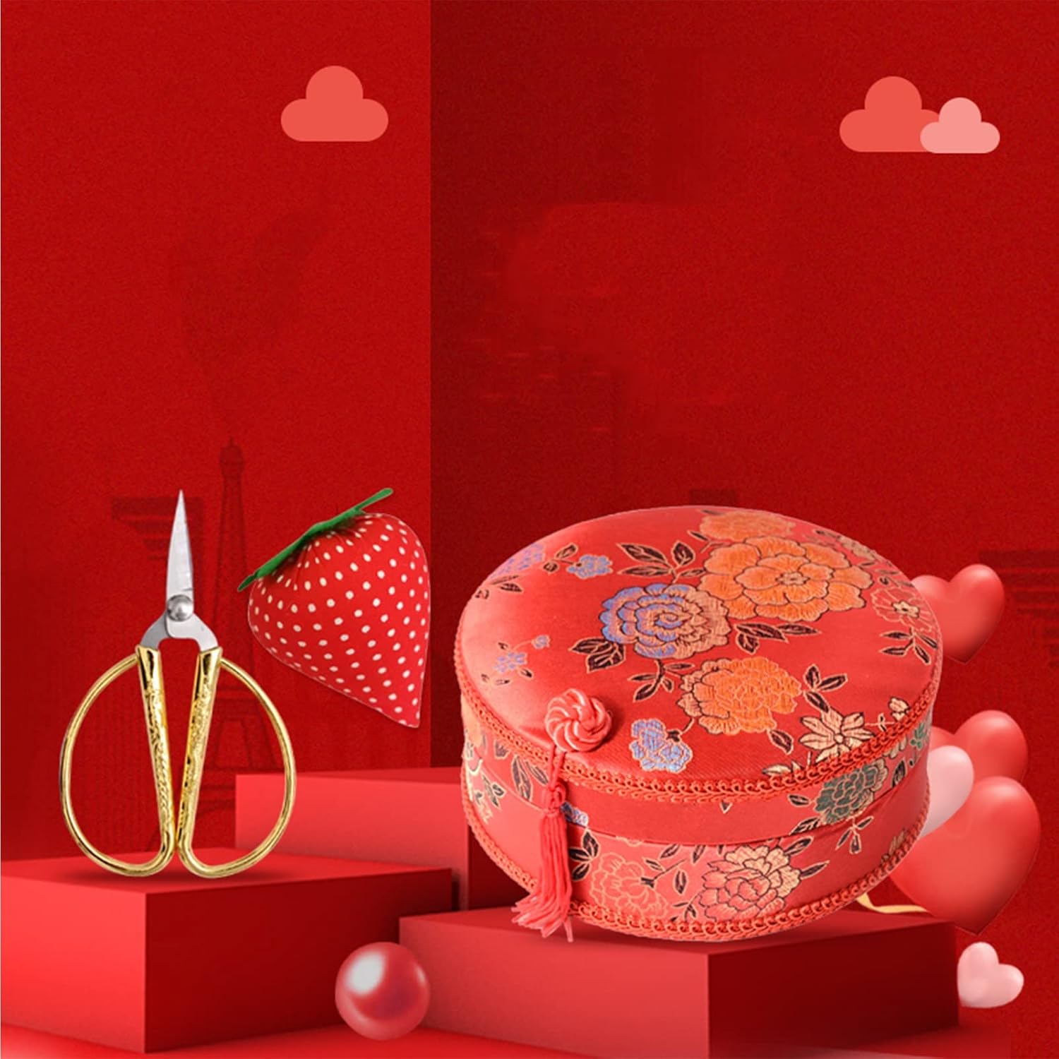 LFFH Round Sewing Basket, Sewing Kit Box Basket with Compartment Portable Stitching Repair Tool Kit Accessories Organizer XBAOMING (Color : Pink, Size : 16x16x7cmn)