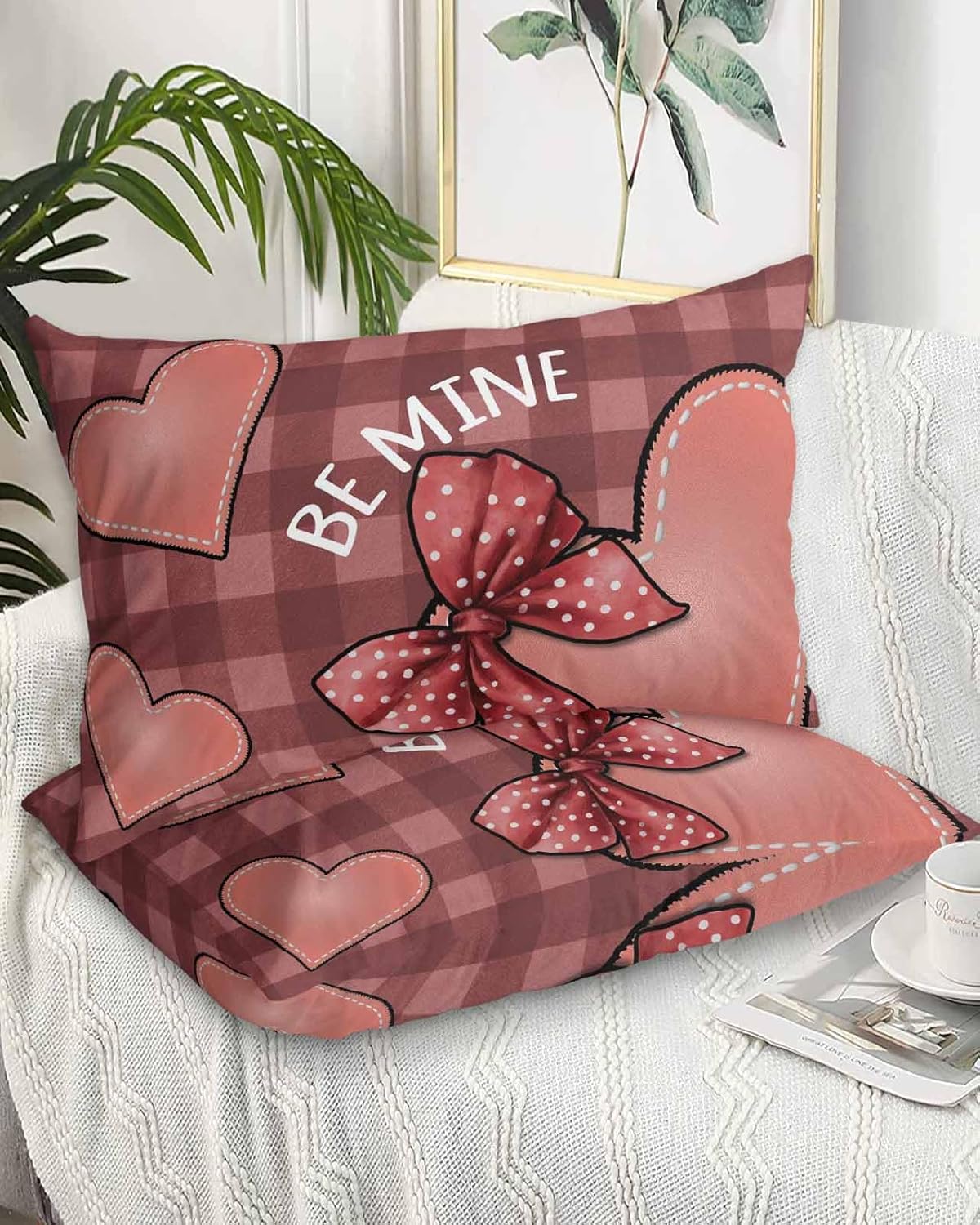 Bow Heart Standard Pillow Cases Set of 2, Soft Breathable Pillow Covers with Envelope Closure Decorative Pillow Shams for Bed Sofa Couch Chair Valentines Day Pink Buffalo Plaid 2 Pack 20"x26"