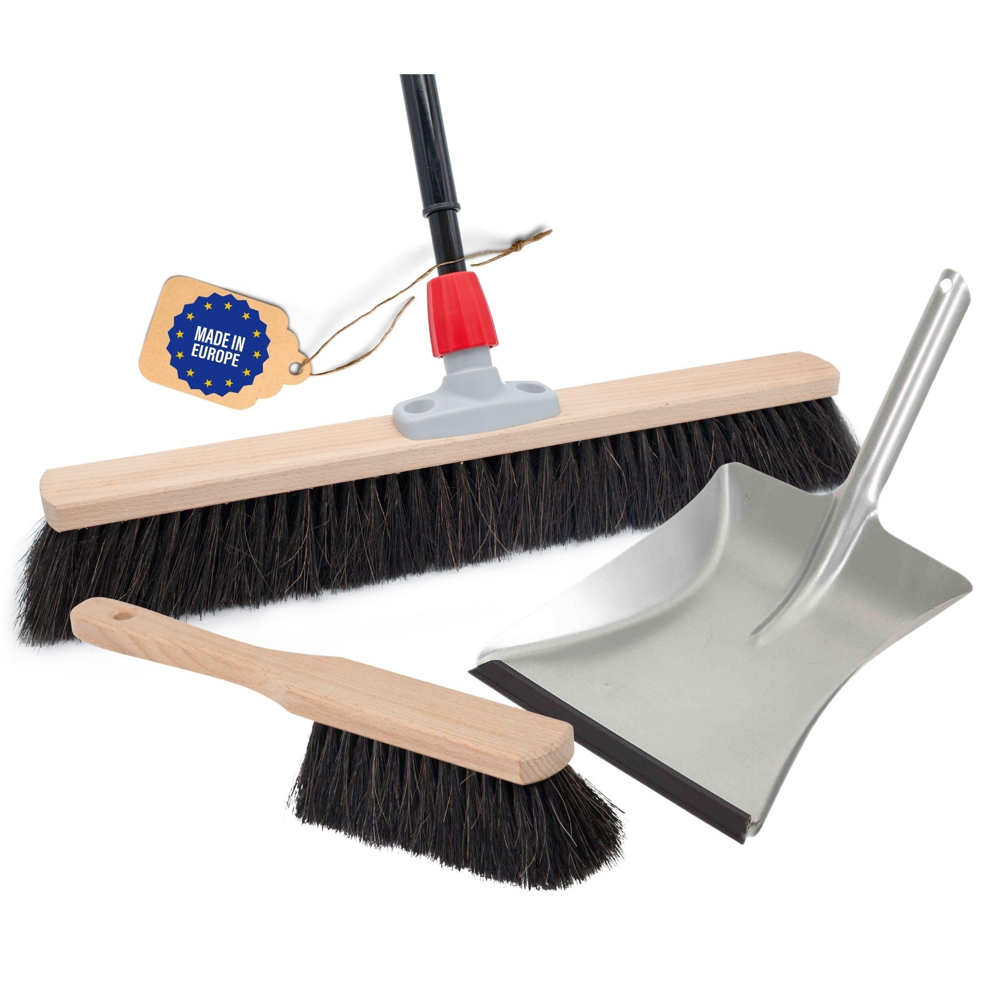 Novaliv Juego de escoba de pelo natural de 50 cm, recogedor con labio de goma y mango telescópico, crin negra, con mango extensible, suave, fina, escoba grande