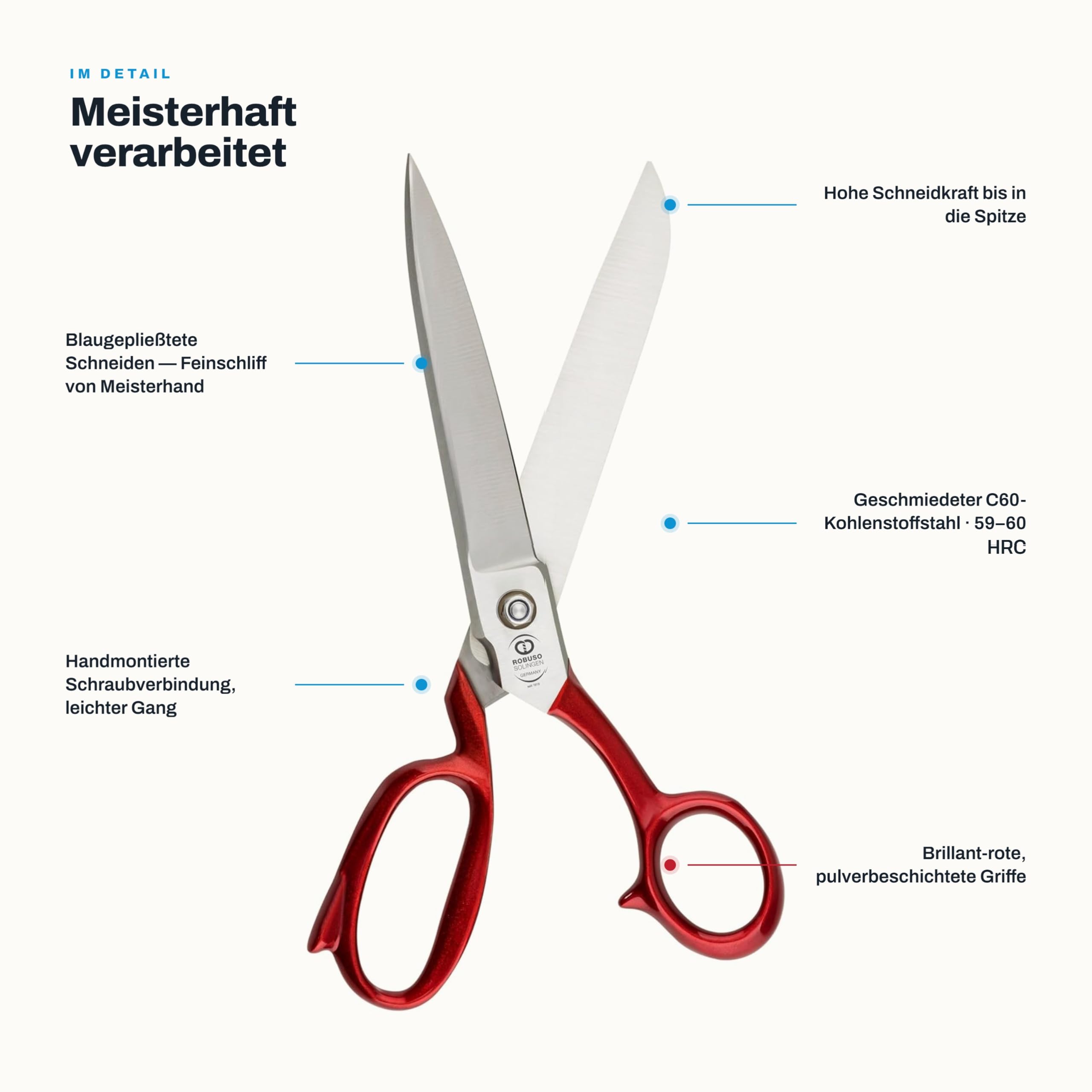 ROBUSO Schneiderschere in Meisterqualität | Stoffschere | Hergestellt in Solingen | Schere aus geschmiedetem C60 Kohlenstoffstahl | Gehärtet | 26 cm – 10"