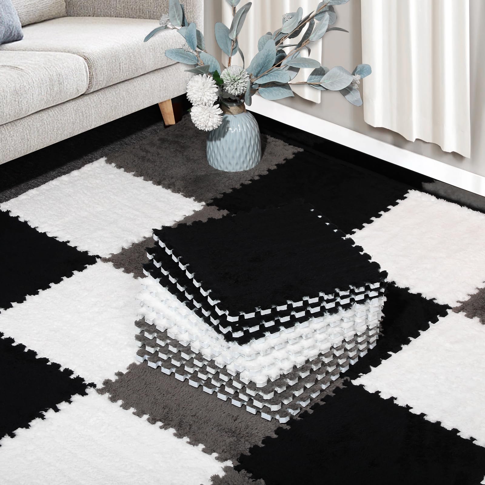 12 Pcs Plush Interlocking Carpet Tiles, Non-Toxic Foam Carpet Tiles for Toddler Baby, Anti-Slip, EVA Foam Interlocking Tiles for Floor, Nursery,