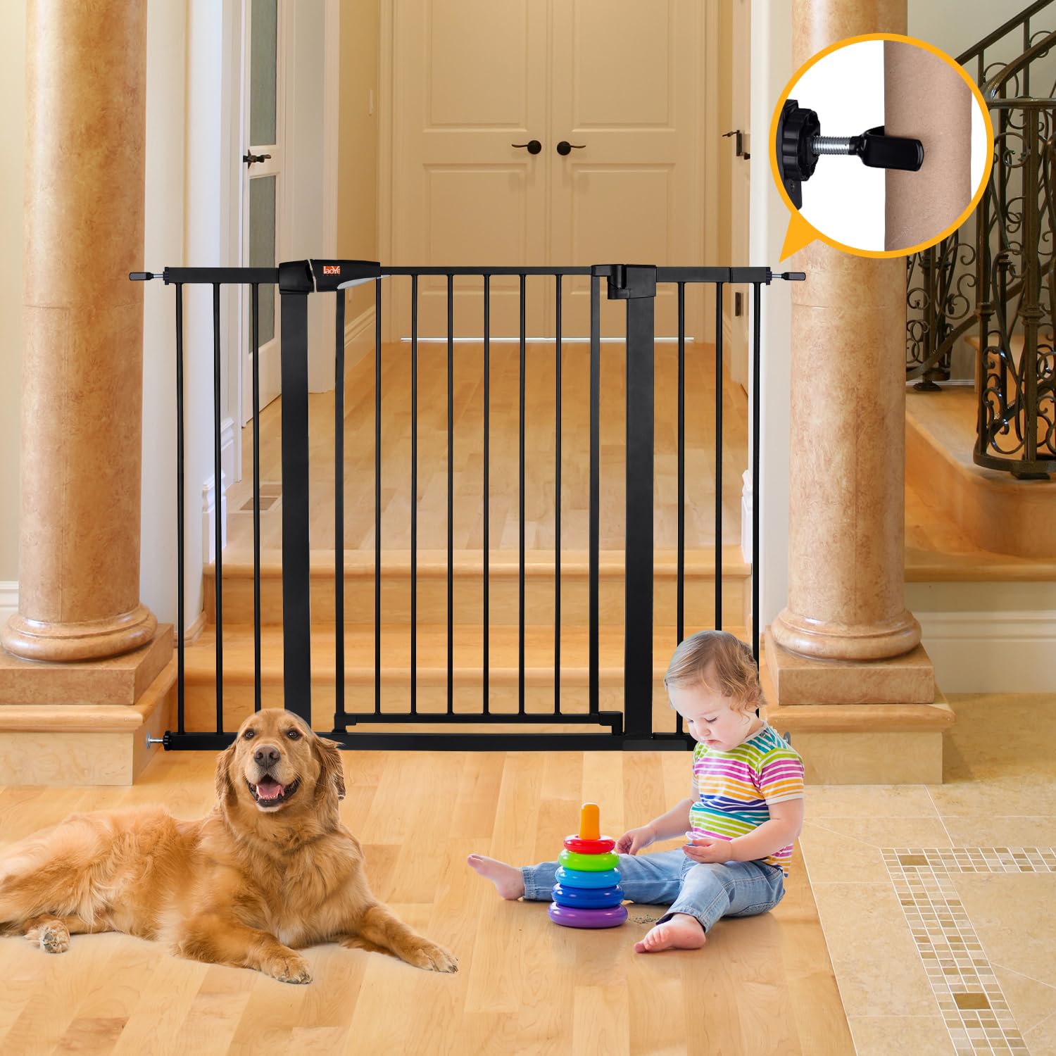 LAOYE Puerta de seguridad de 92cm altura sin taladrar, barrera para puertas 75–124cm con 3 extensiones, barrera para bebés y mascotas con cierre automático parada a 90°, para niños, perros gatos–Negro