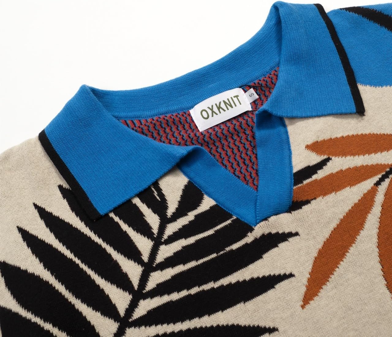 OXKNIT Men's Knit Short Sleeve Shirts Vintage Bird and Plants Pattern Knitted Polo Shirt Blue and Beige V-Neck Polo
