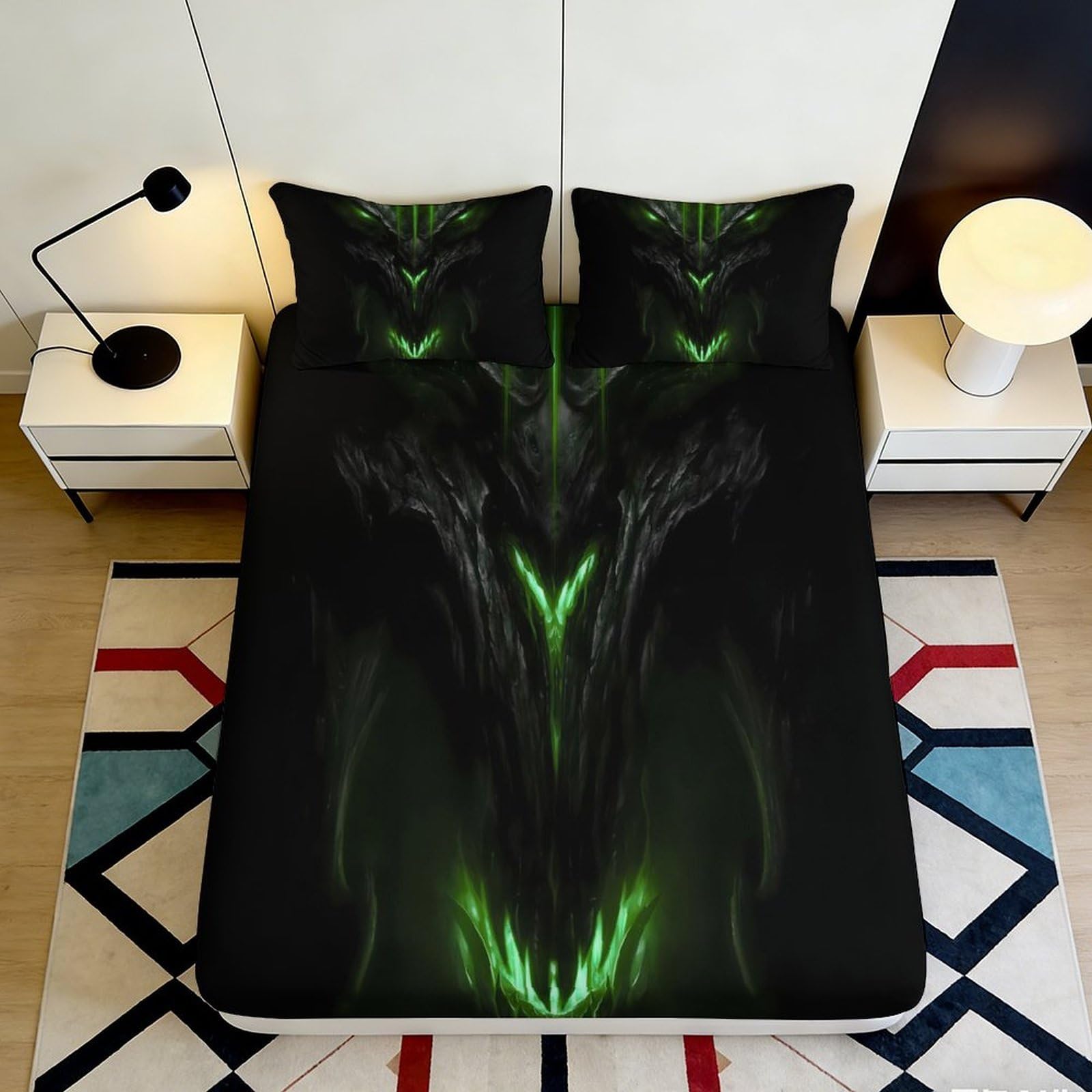 Pnayamiorkfel Style-9 3D Printed Dark Dragon Fitted Sheet Microfiber Soft Breathable Neon Green Monster Bed Cover For Bedroom Dorm Decor 90X200x25cm