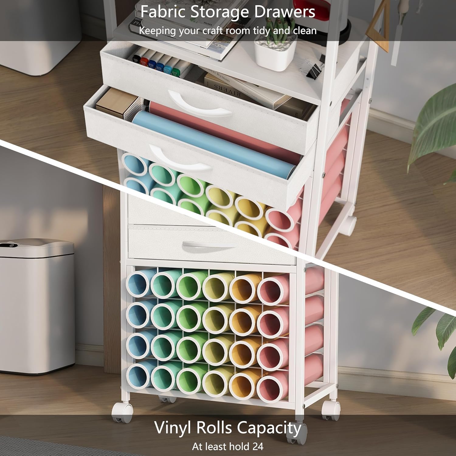Trironsun Organisation und Aufbewahrung, Bastelwagen, kompatibel mit Cricut-Maschinen, Rollen-Organizer mit 24 Vinyl-Rollenhaltern und 2 Stoffschubladen, Bastelschrank für Bastelraum, Weiß