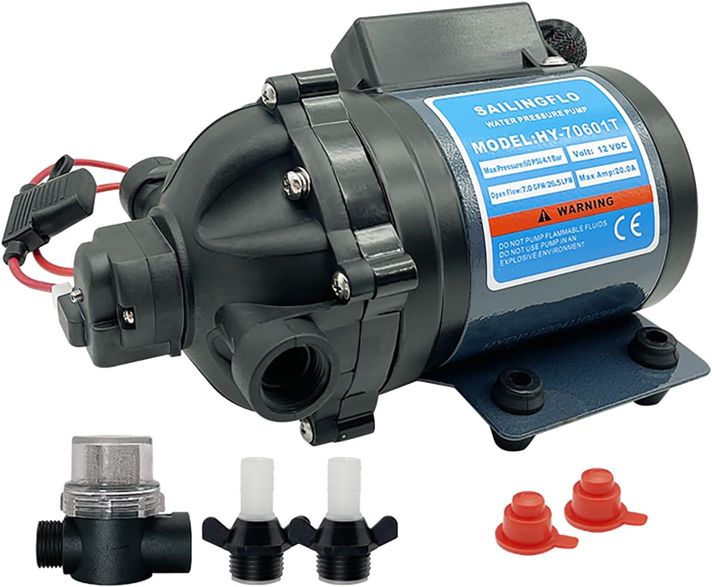 12V RV Fresh Water Pump, 7GPM 60PSI On Demand Self Priming Diaphragm Pump, Pressure Increase Booster Pump with 1/2" FNPT Filter & Adapter, for RV Boat Marine Camper (HY-70601T)