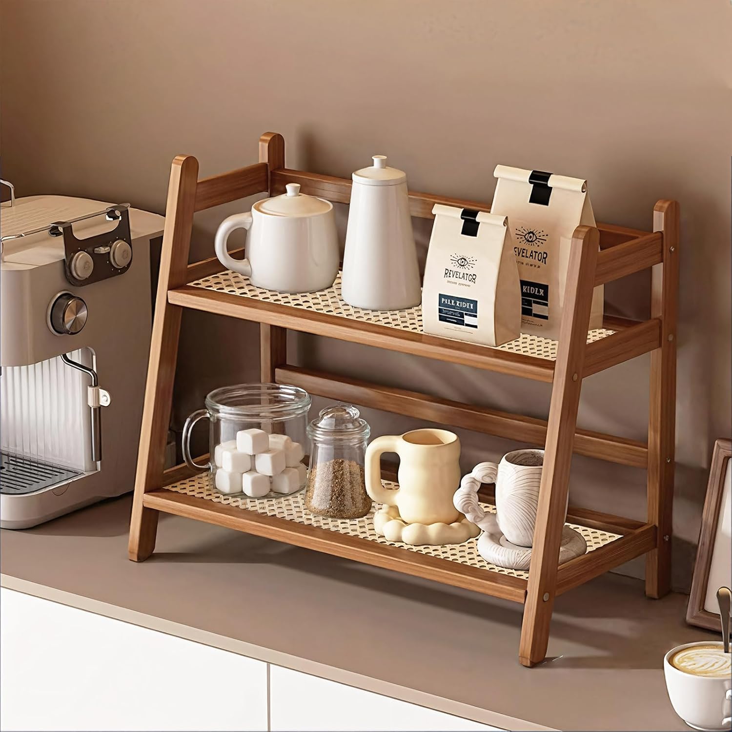 Bamboo Coffee Organizer: 2-Tier Mug & Condiment Holder for Kitchen Bamboo Coffee Organizer: 2-Tier Mug & Condiment Holder for Kitchen