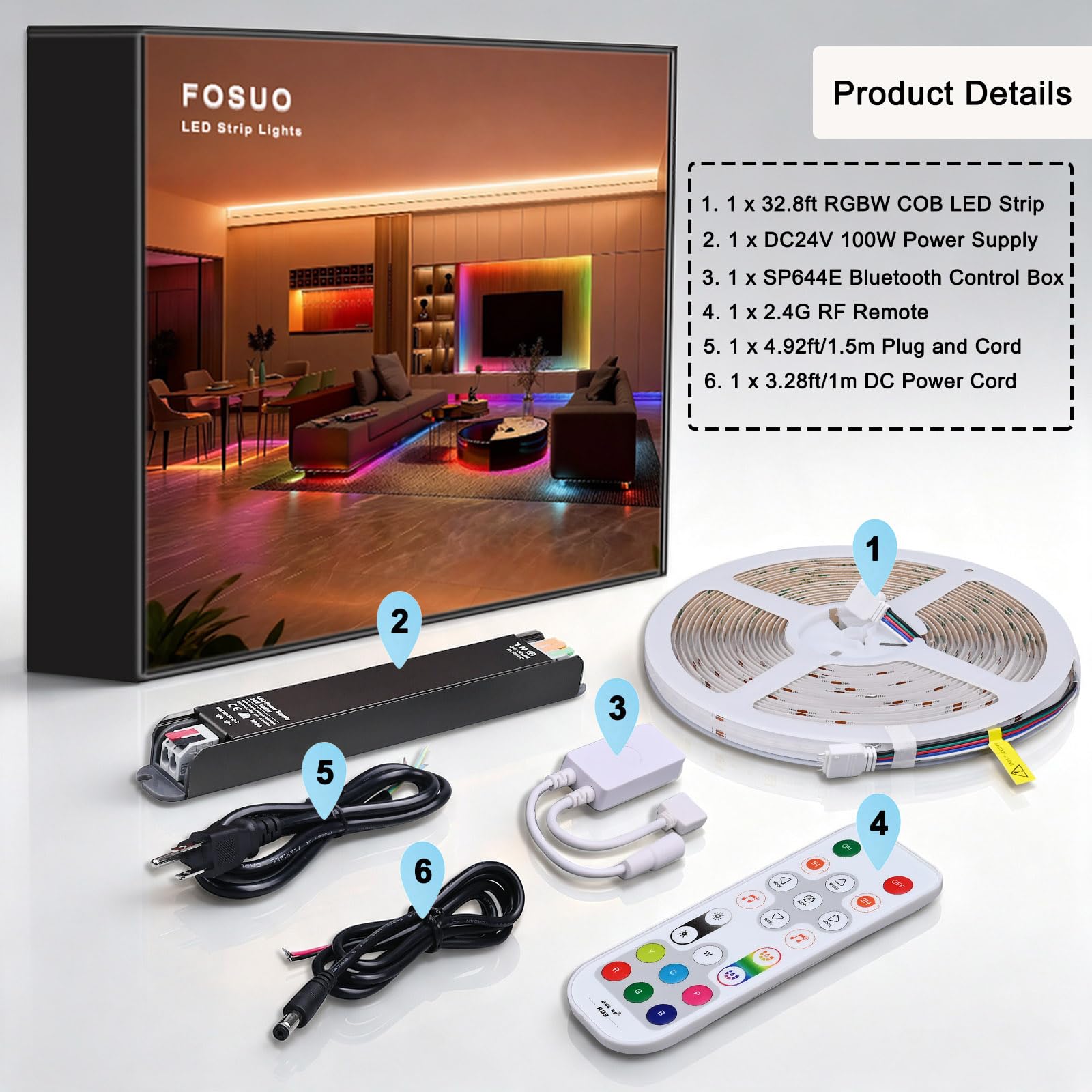 Striscia LED RGBW COB Bianco Freddo 6000K 10M 24V CRI 90+ | Sincronizzazione Musicale Multicolore Dimmabile 7840LEDs Larghezza 12mm RGB+6000K Kit per Camera da Letto, Sala Giochi, Feste