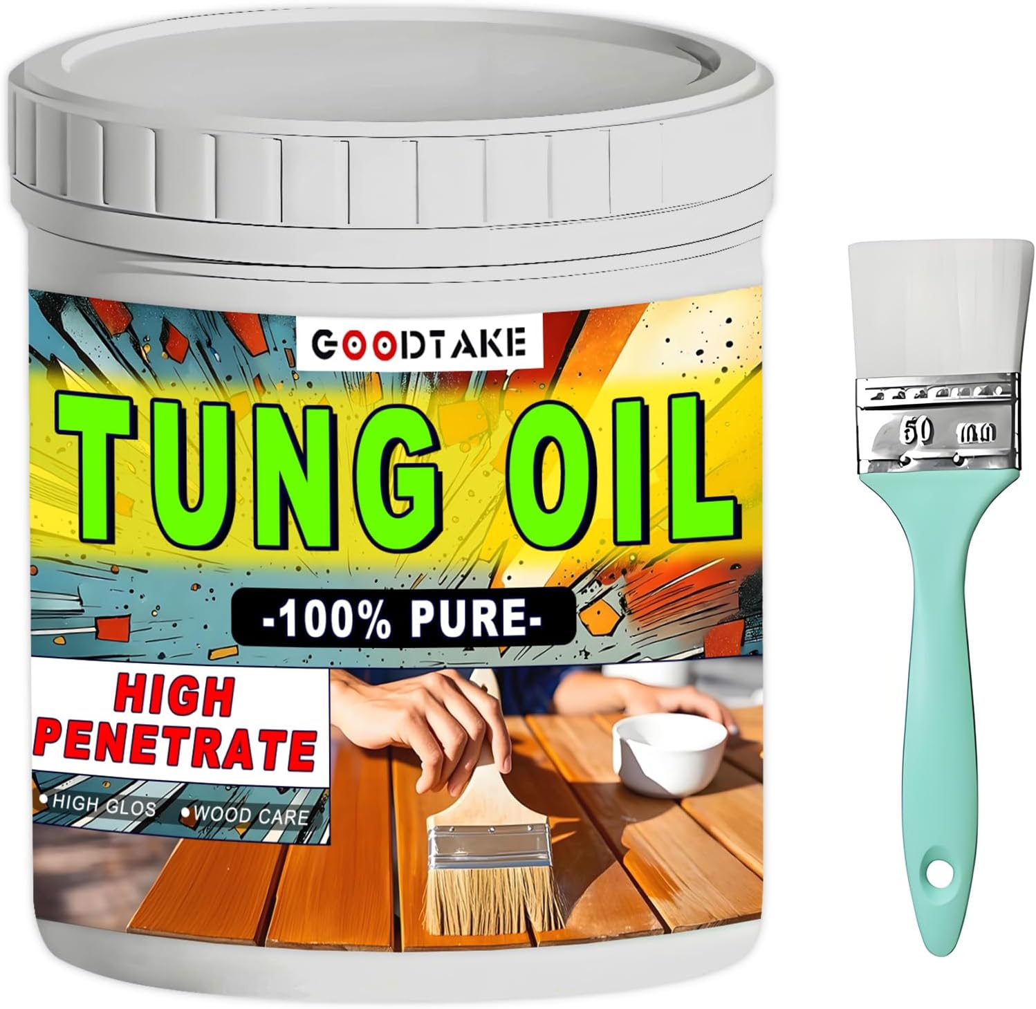 GOODTAKE Pure Tung Oil, Premium Waterproof Natural Wood Finish with Brush, Waterproof Wood Sealer for Unfinished Bare Wood, Such as Wood Floors, Wood Furniture Indoor & Outdoor (2 Pounds)
